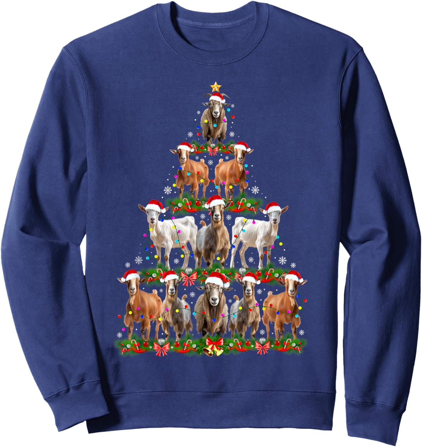 Goat Christmas Tree Lights Funny Xmas Family Men Women Sweatshirt - Sweatshirt | Navy