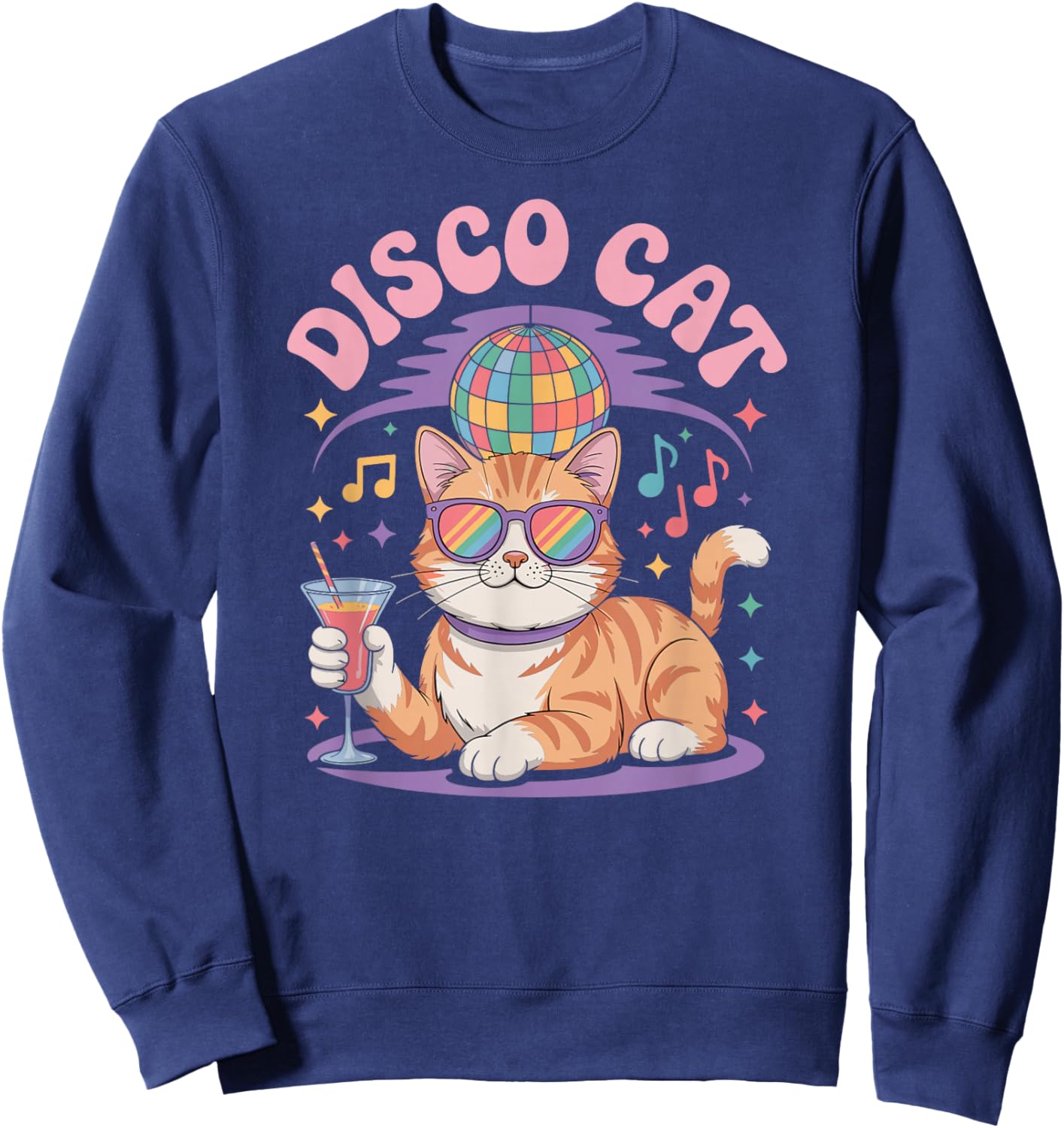 Groovy Cat with Sunglasses, Disco Ball and Fun Cocktail Sweatshirt - Sweatshirt | Navy