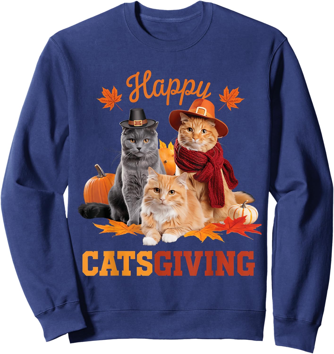 Happy Catsgiving Cute Thanksgiving Cat Wears Pilgrim Hat Women Girls Kids Sweatshirt - Sweatshirt | Navy