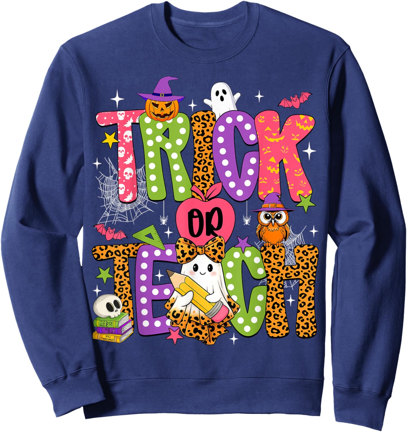 Retro Trick Or Teach Leopard Ghost Halloween Spooky Teacher Sweatshirt - Sweatshirt | Navy