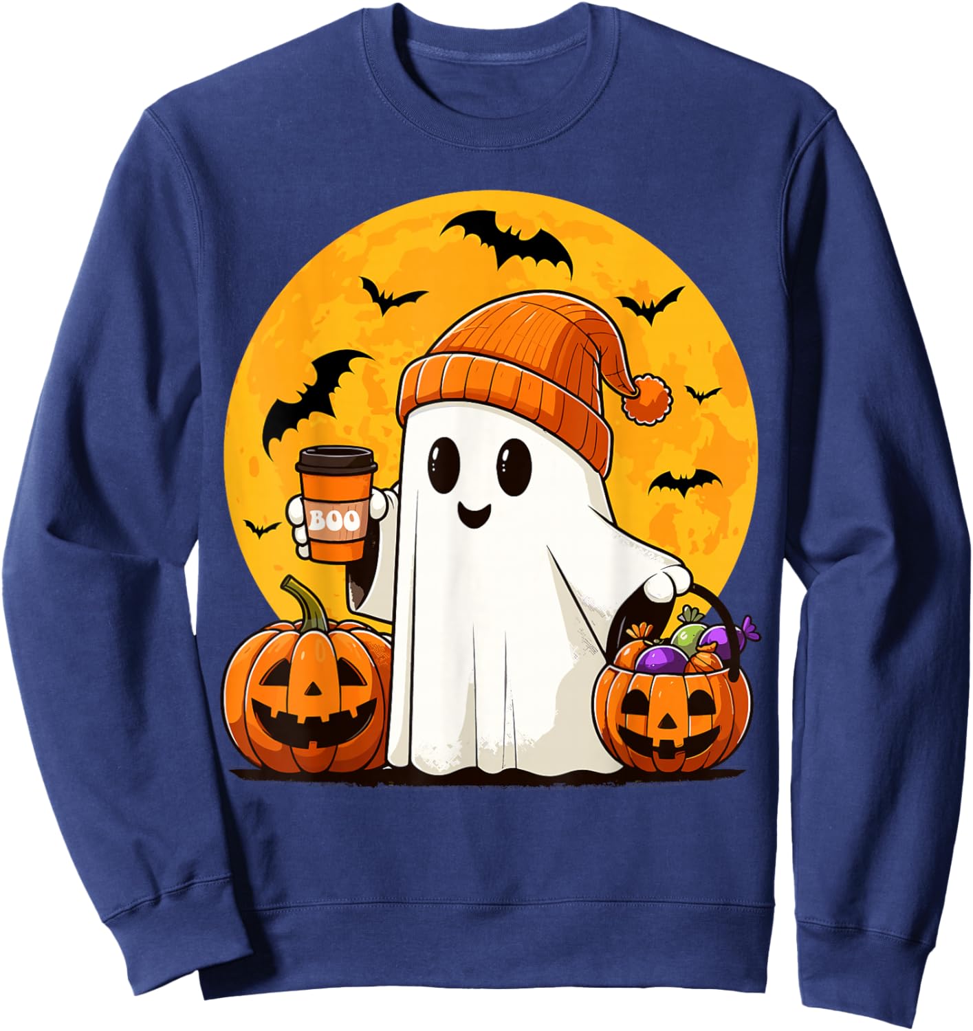 Cute Ghost Drinking Coffee Pumpkin Boo Funny Halloween Ghost Sweatshirt - Sweatshirt | Navy