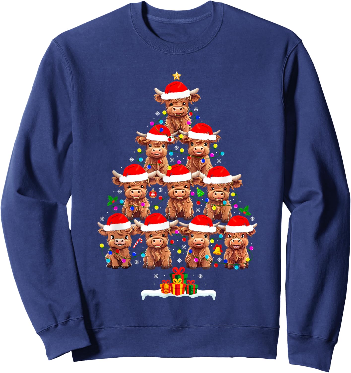 Scottish Highland Cow Christmas Tree Lights Xmas Pajamas Sweatshirt - Sweatshirt | Navy
