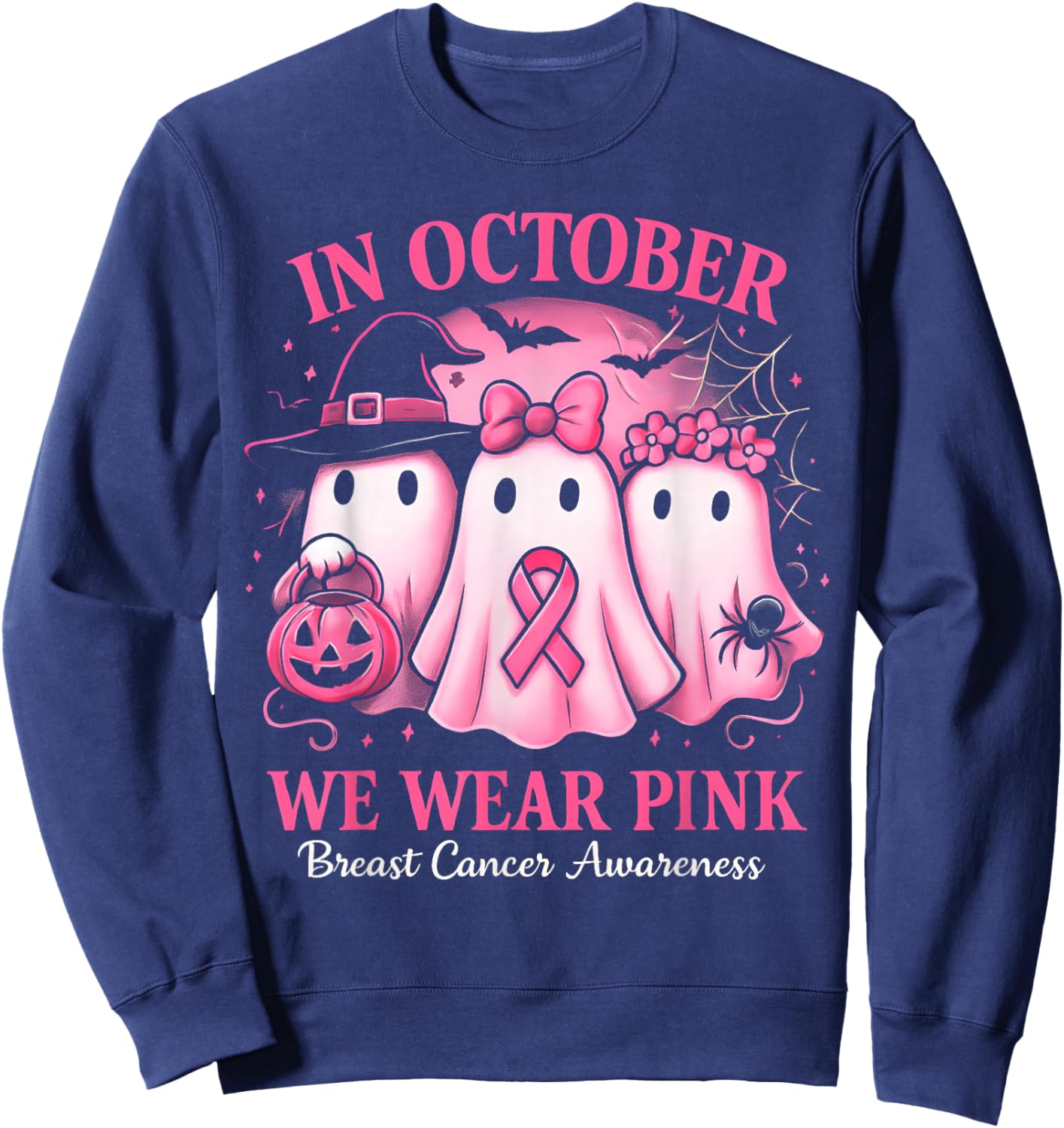 in October We Wear Pink Ghost Halloween Women Breast Cancer Sweatshirt - Sweatshirt | Navy