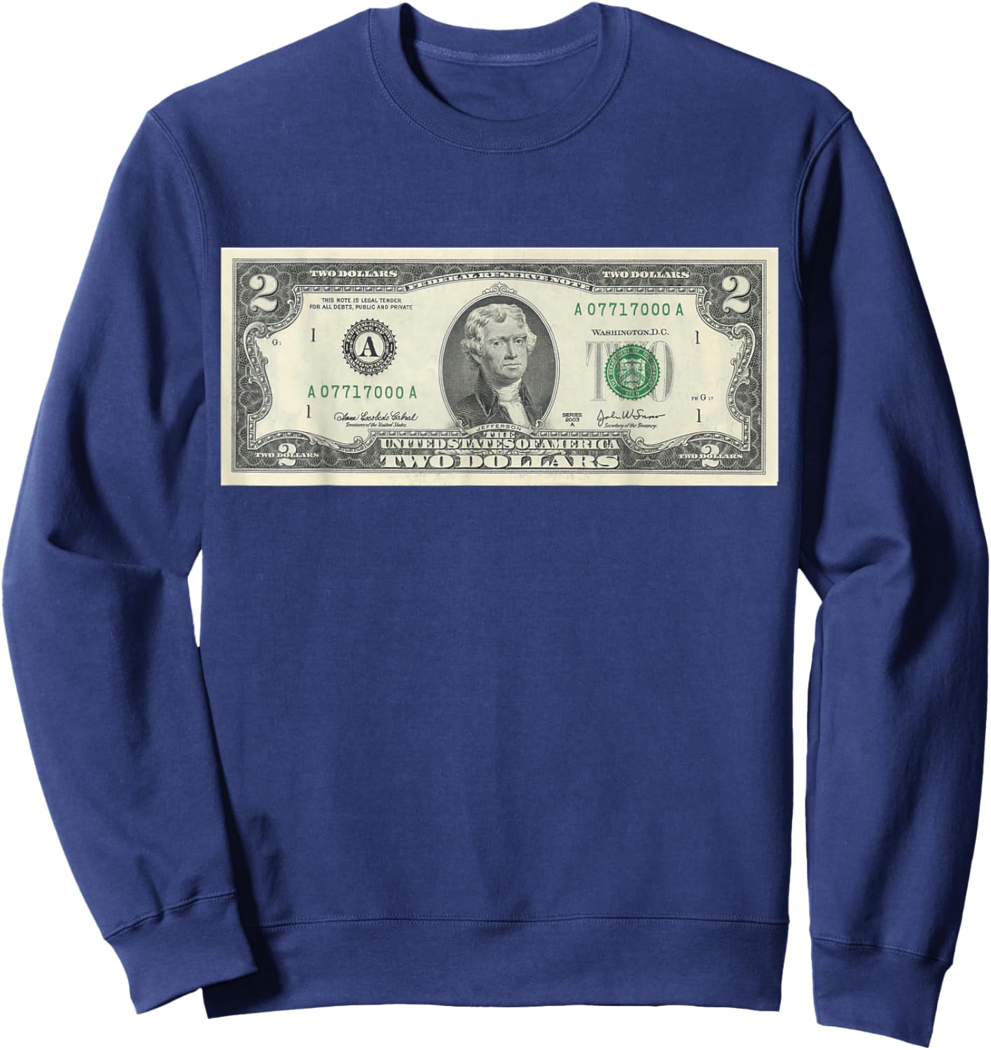 Official $2 Dollar Bill Vintage Money Design Cash Currency Sweatshirt - Sweatshirt | Navy