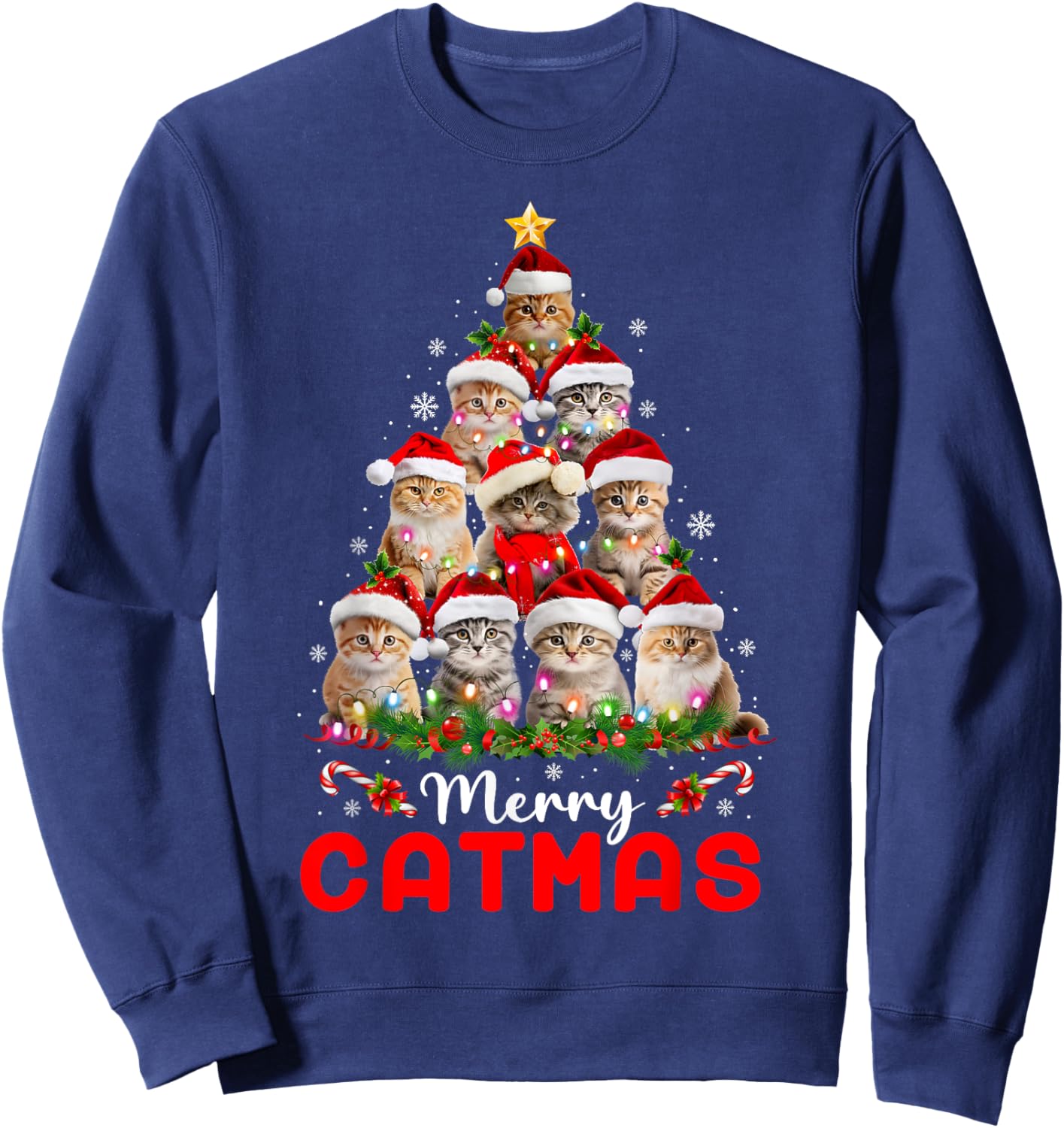 Meowy Catmas Cat Christmas Tree Lights Funny Xmas Pajamas Sweatshirt - Sweatshirt | Navy