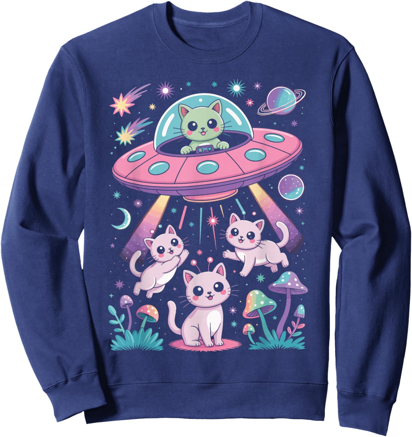 Cute Alien Cat UFO with Space Kittens Pastel Aesthetic Sweatshirt - Sweatshirt | Navy