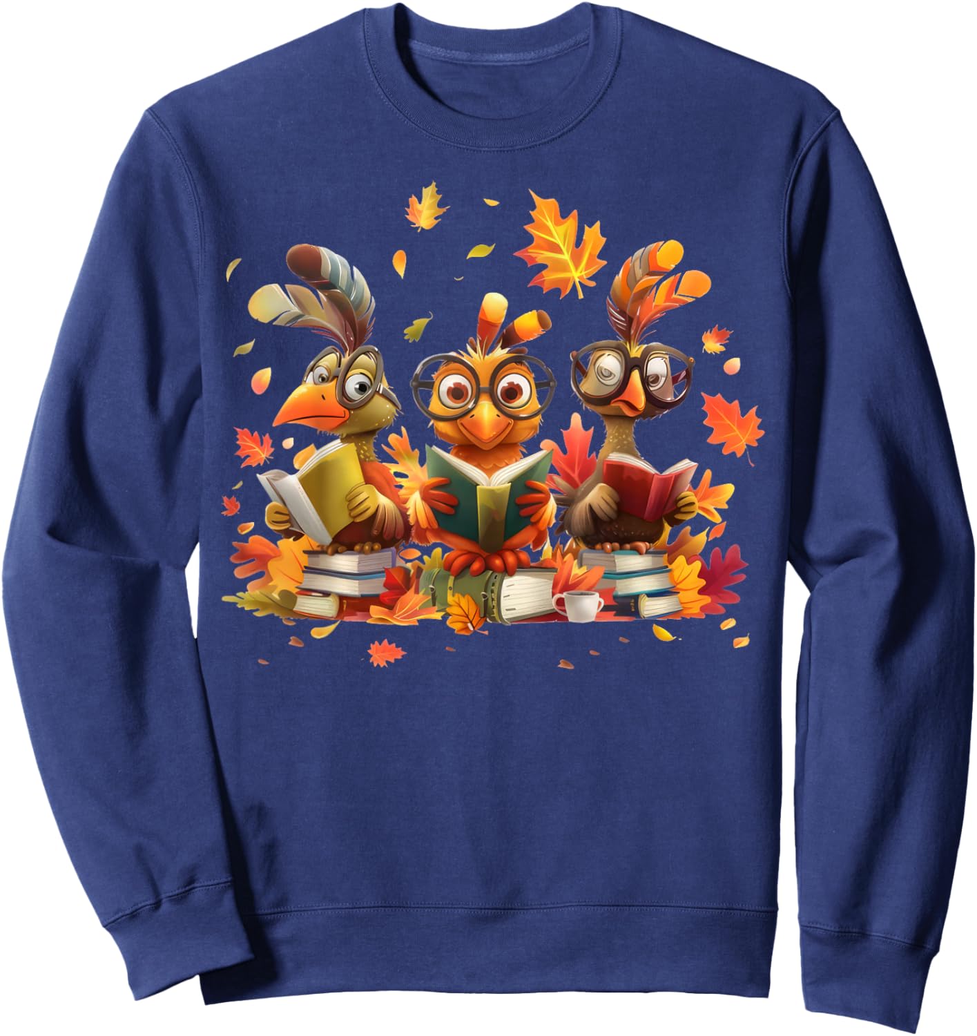 Turkey Glasses Reading Books Thanksgiving Bookworm Teacher Sweatshirt - Sweatshirt | Navy