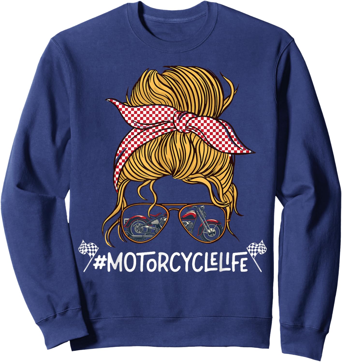 Classic Motorcycle Biker Girl Female Sunglasses Bun Bandana Sweatshirt - Sweatshirt | Navy