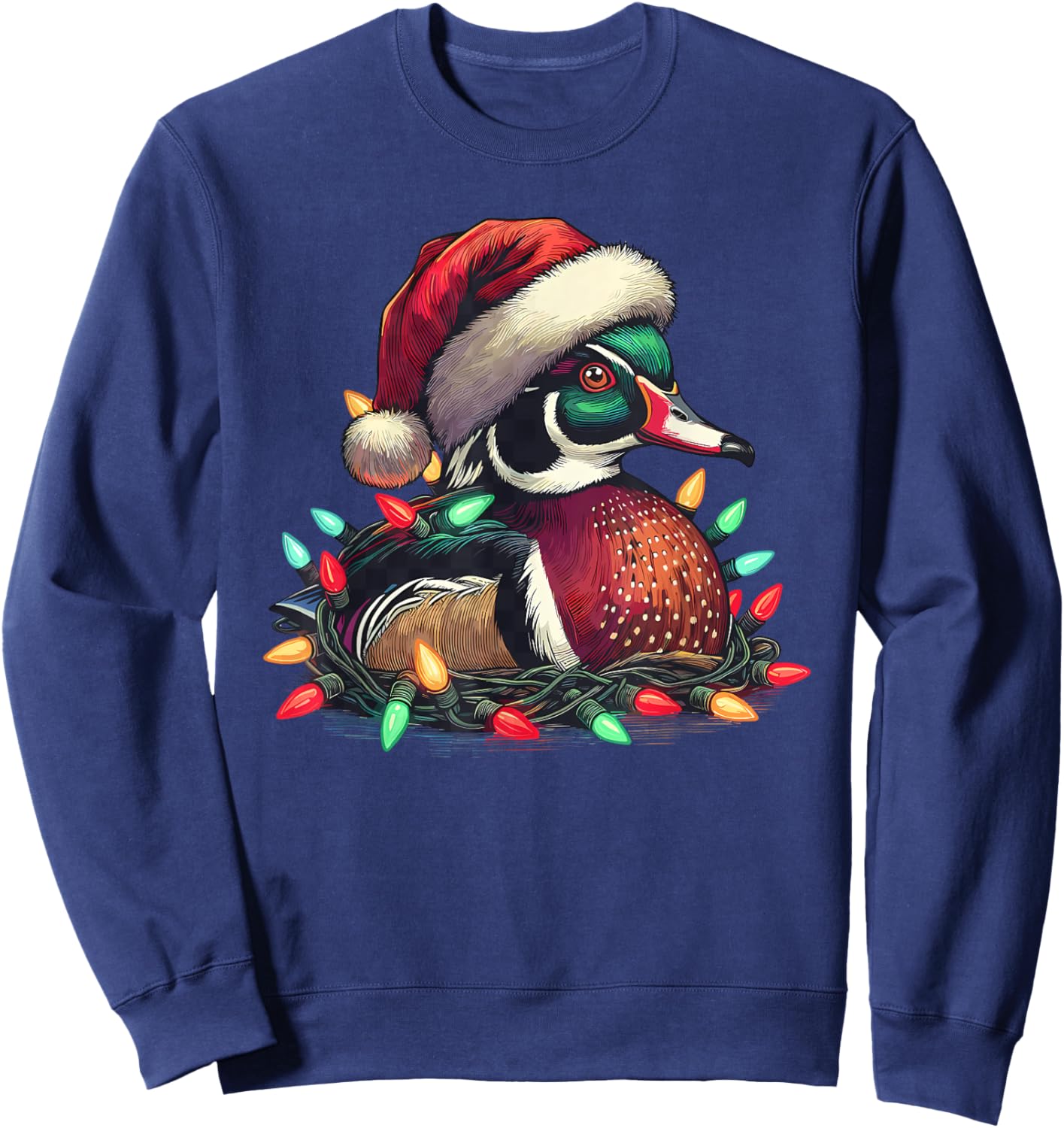 Santa Mallard Duck with Christmas Lights Hunting Season Sweatshirt - Sweatshirt | Navy