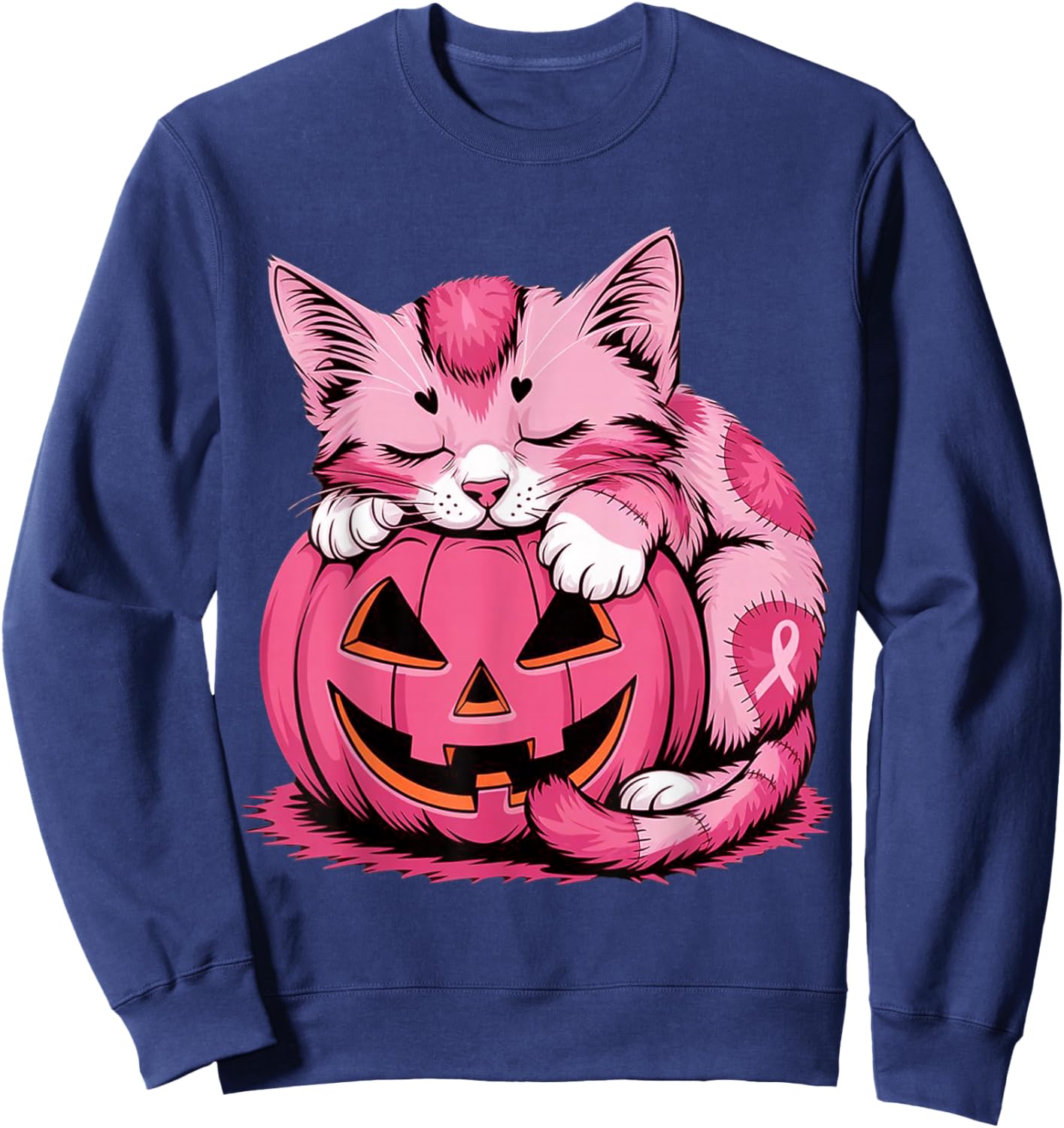 Cute Pink Cat Hugging Pumpkin Breast Cancer Awareness Kitten Sweatshirt - Sweatshirt | Navy