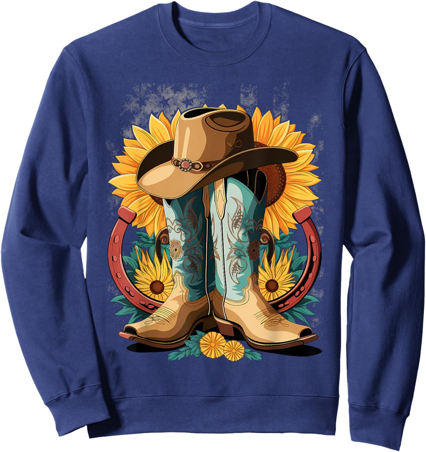 Western Cowboy Boot Horseshoe Sunflower Rope Cowgirl Country Sweatshirt - Sweatshirt | Navy