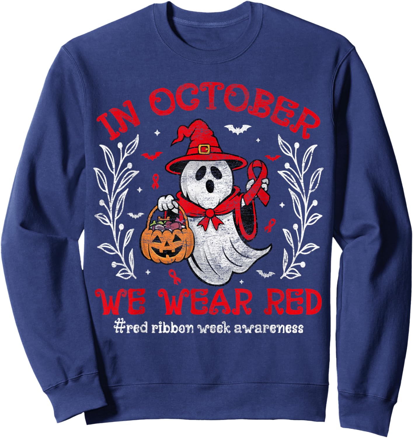 In October We Wear Red For Red Ribbon Week Awareness Ghost Sweatshirt - Sweatshirt | Navy