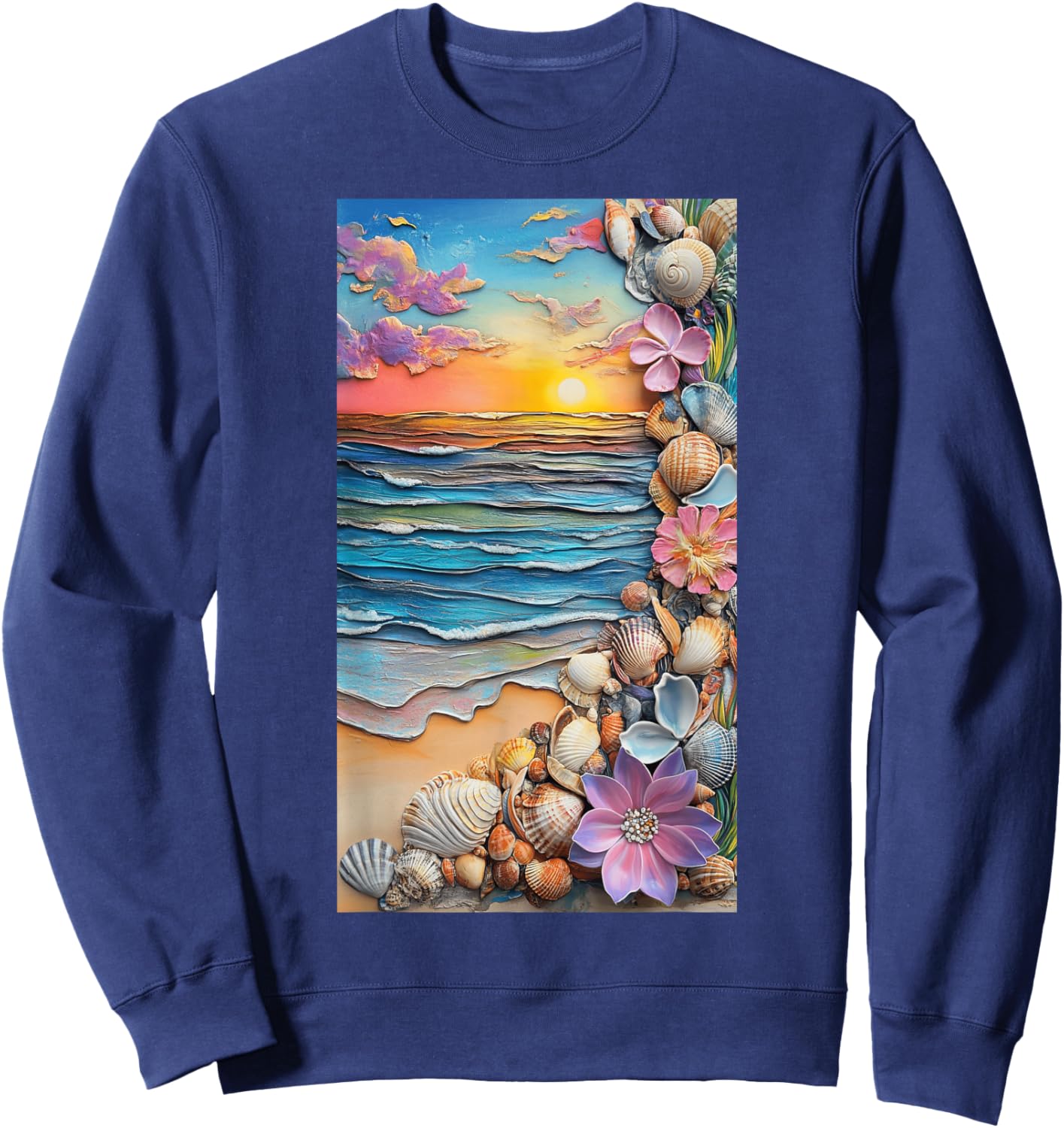 Sunset Beach Scene Seashells Ocean art Sweatshirt - Sweatshirt | Navy