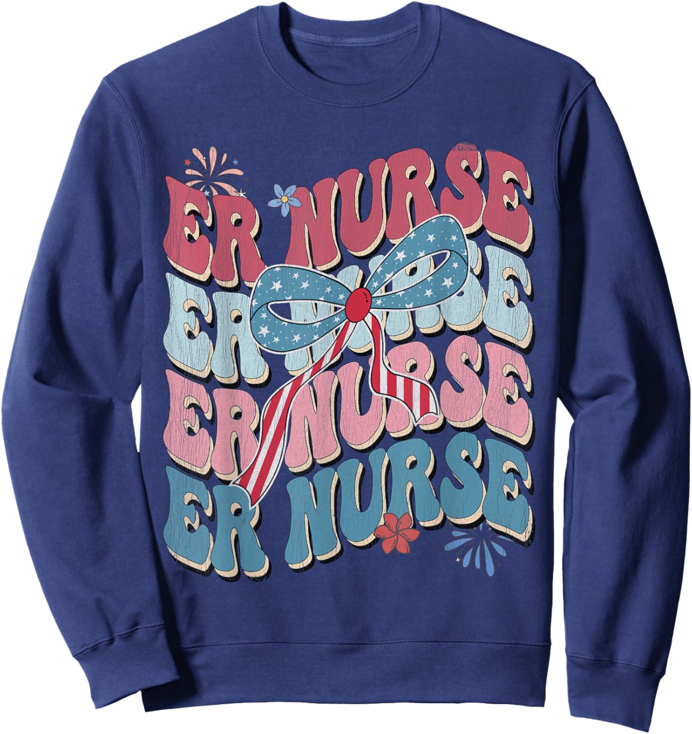 ER Nurse Patriotic 4th of July American Retro Groovy Sweatshirt - Sweatshirt | Navy