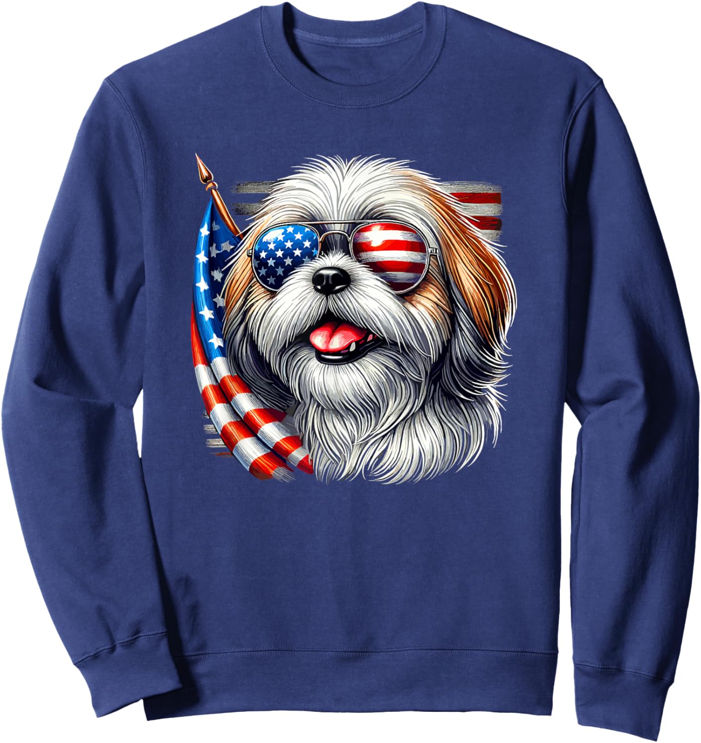 American USA Flag Shih Tzu Shih Tzus 4th Of July Patriotic Sweatshirt - Sweatshirt | Navy