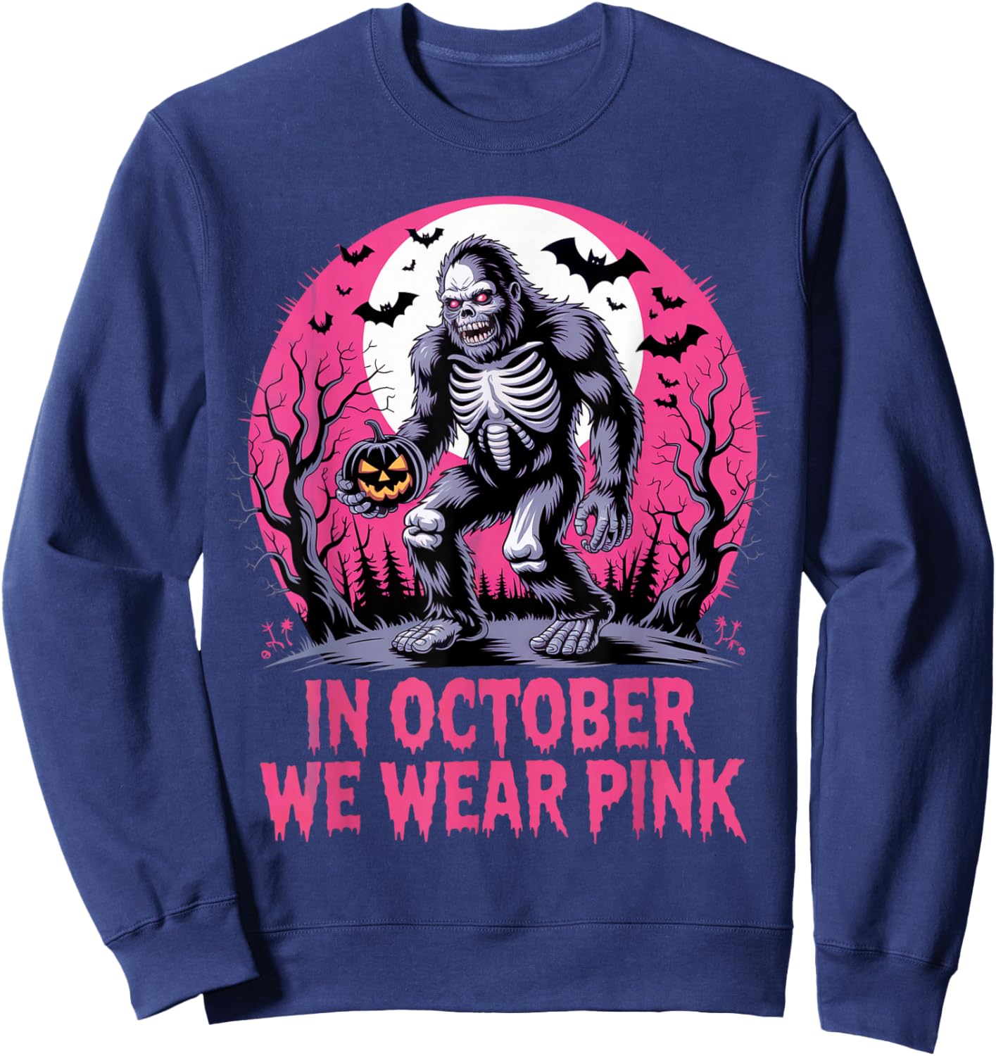in October We Wear Pink Bigfoot Breast Cancer Awareness Sweatshirt - Sweatshirt | Navy