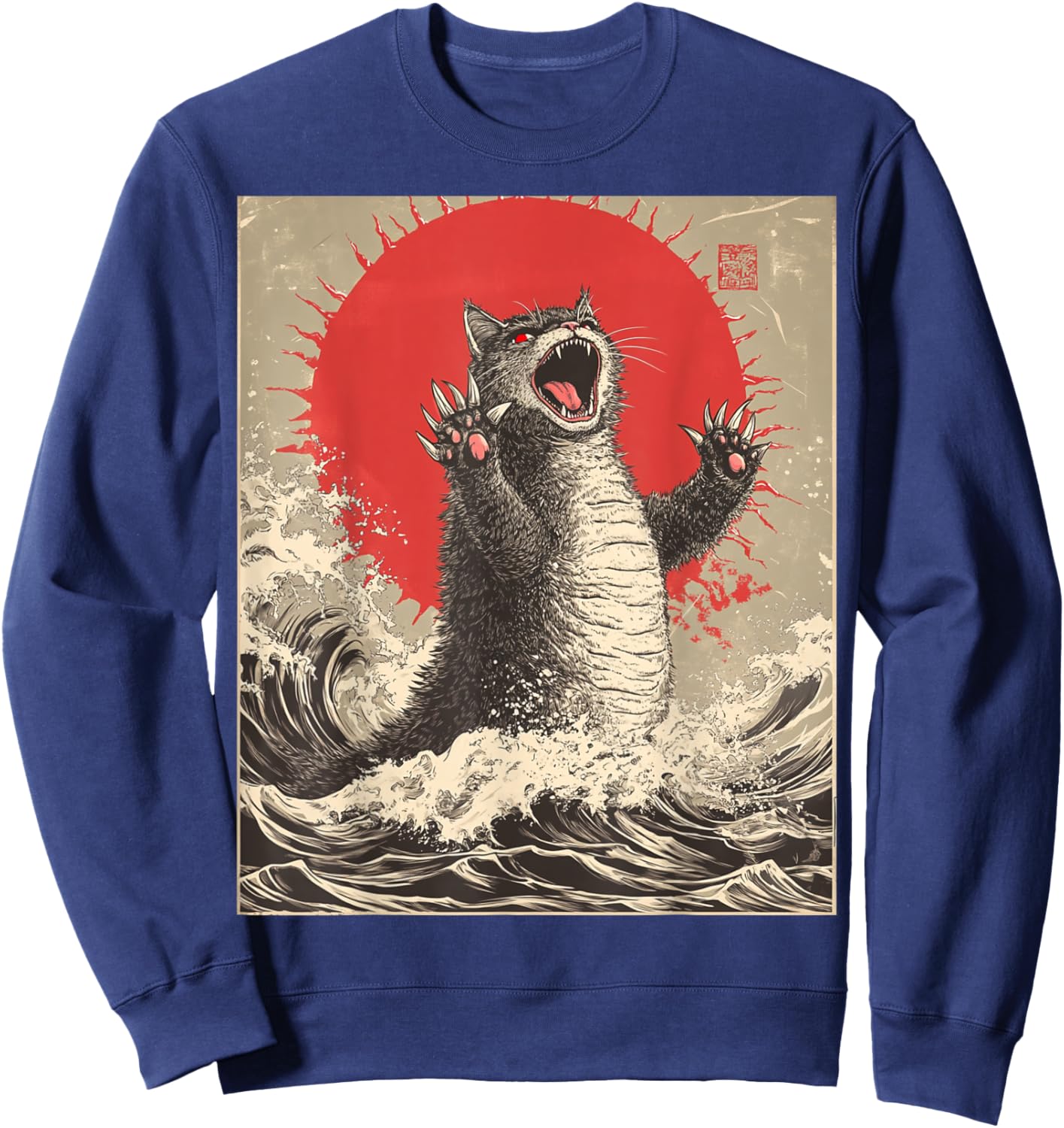Funny Cat Lover Graphic Art Cute Catzilla Cat Japanese Art Funny Cat Sweatshirt - Sweatshirt | Navy