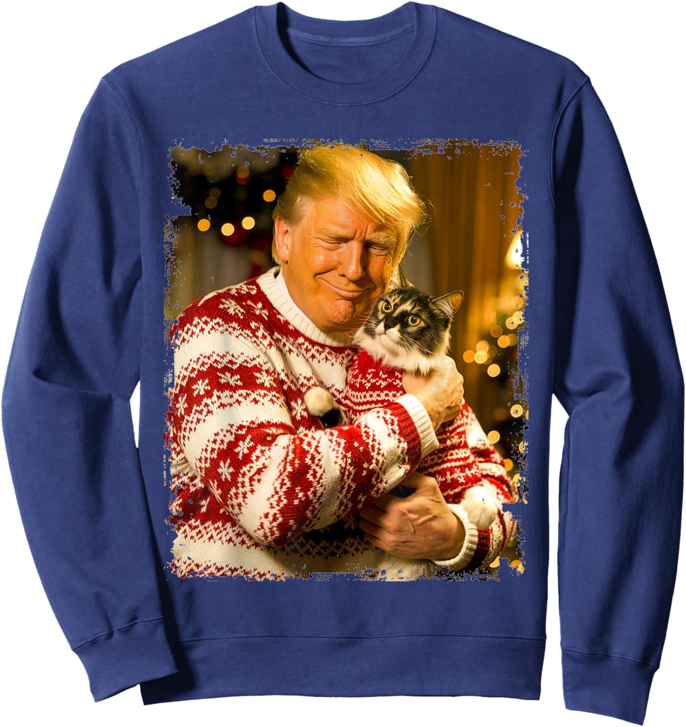 Funny Trump Christmas Sweater for Cat Lovers Xmas Pajamas Sweatshirt - Sweatshirt | Navy