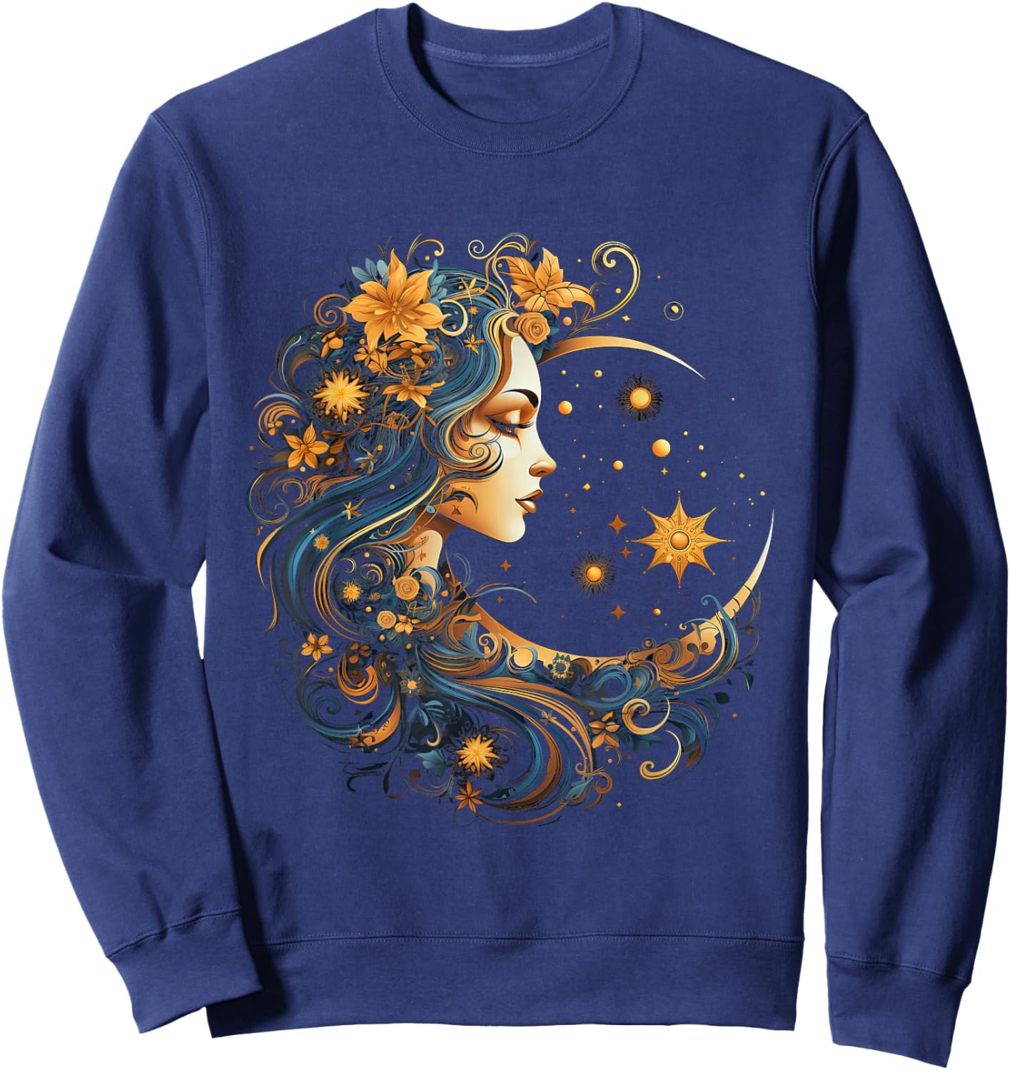 Mystic Sun and Moon Woman Mystical Flowers Aesthetic Sweatshirt - Sweatshirt | Navy