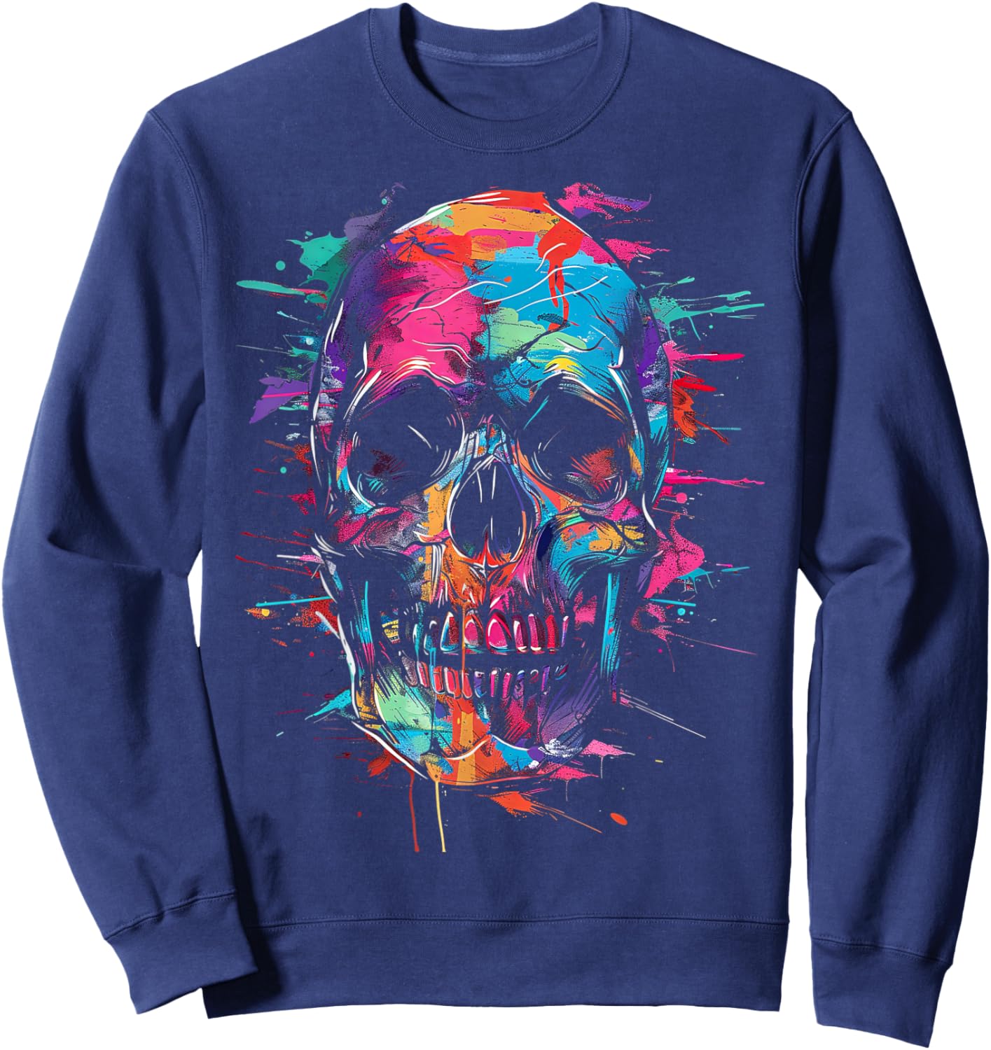 Colorful Skull Abstract Paint Splatter Sweatshirt - Sweatshirt | Navy