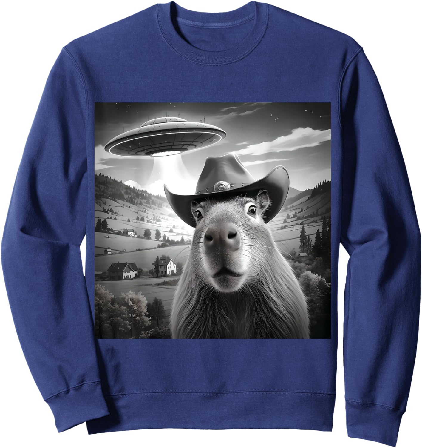 Funny Capybara Selfie Wearing Cute Hat With UFOs Weird Sweatshirt - Sweatshirt | Navy