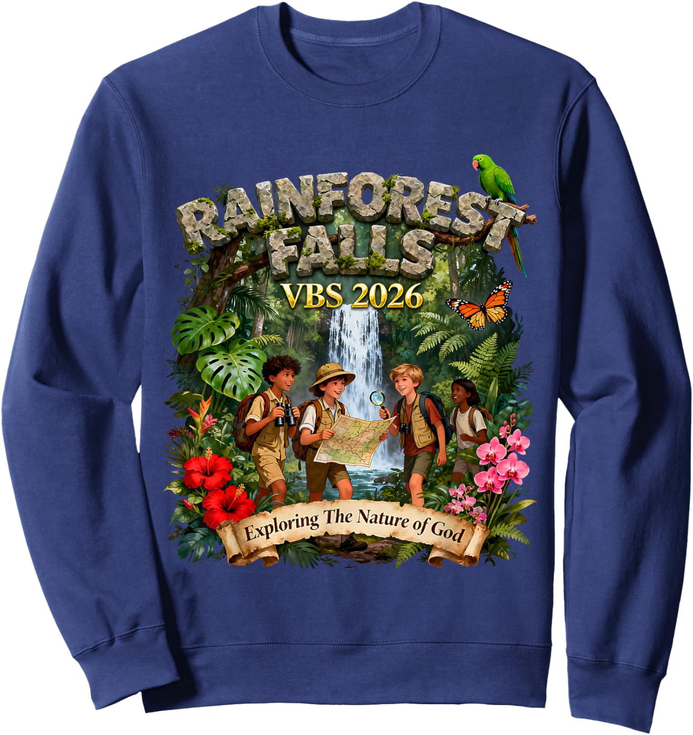 Kids Rainforest Falls VBS 2026 Jungle Explorer Youth Group Sweatshirt - Sweatshirt | Navy