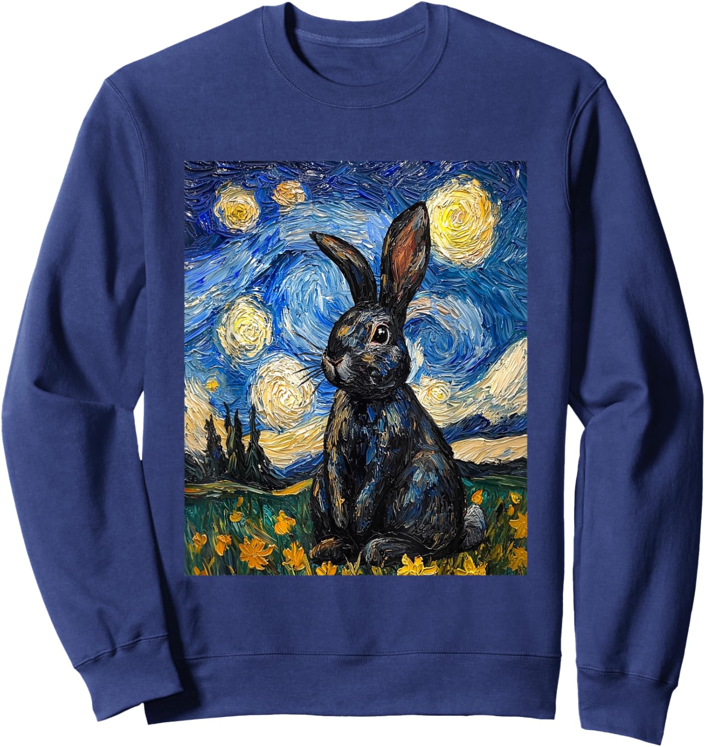 Cute Bunny Rabbit Van Gogh Style Starry Night Funny Graphic Sweatshirt - Sweatshirt | Navy