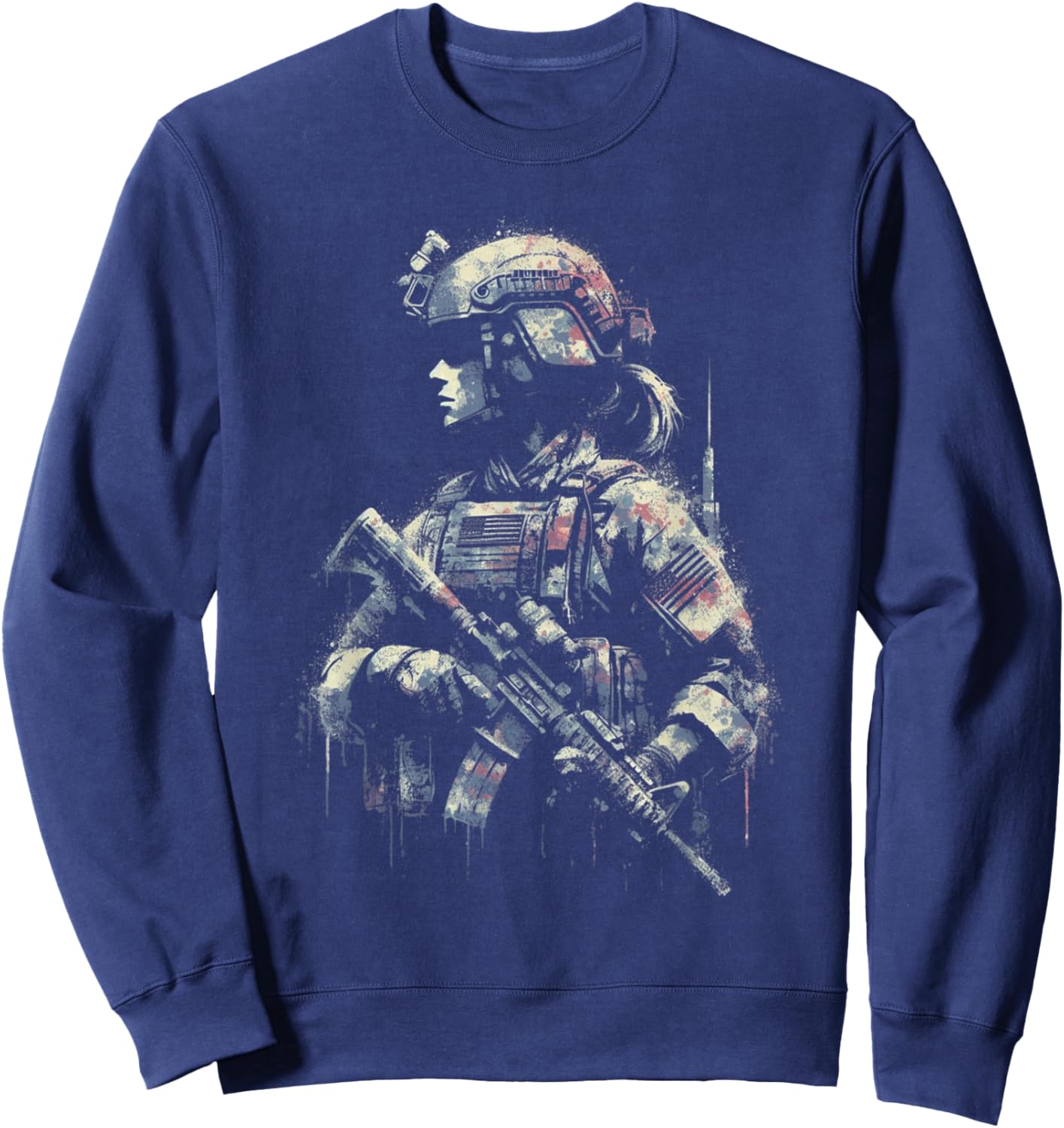 Female Soldier American Flag - Patriotic USA Veteran Sweatshirt - Sweatshirt | Navy