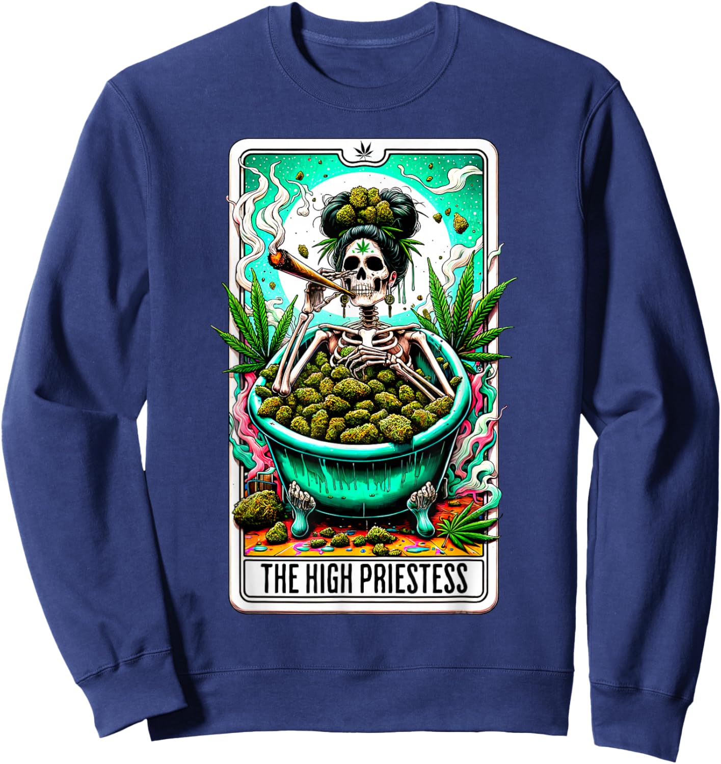 High Priestess Tarot Card 420 Cannabis Witchy Skeleton Weed Sweatshirt - Sweatshirt | Navy