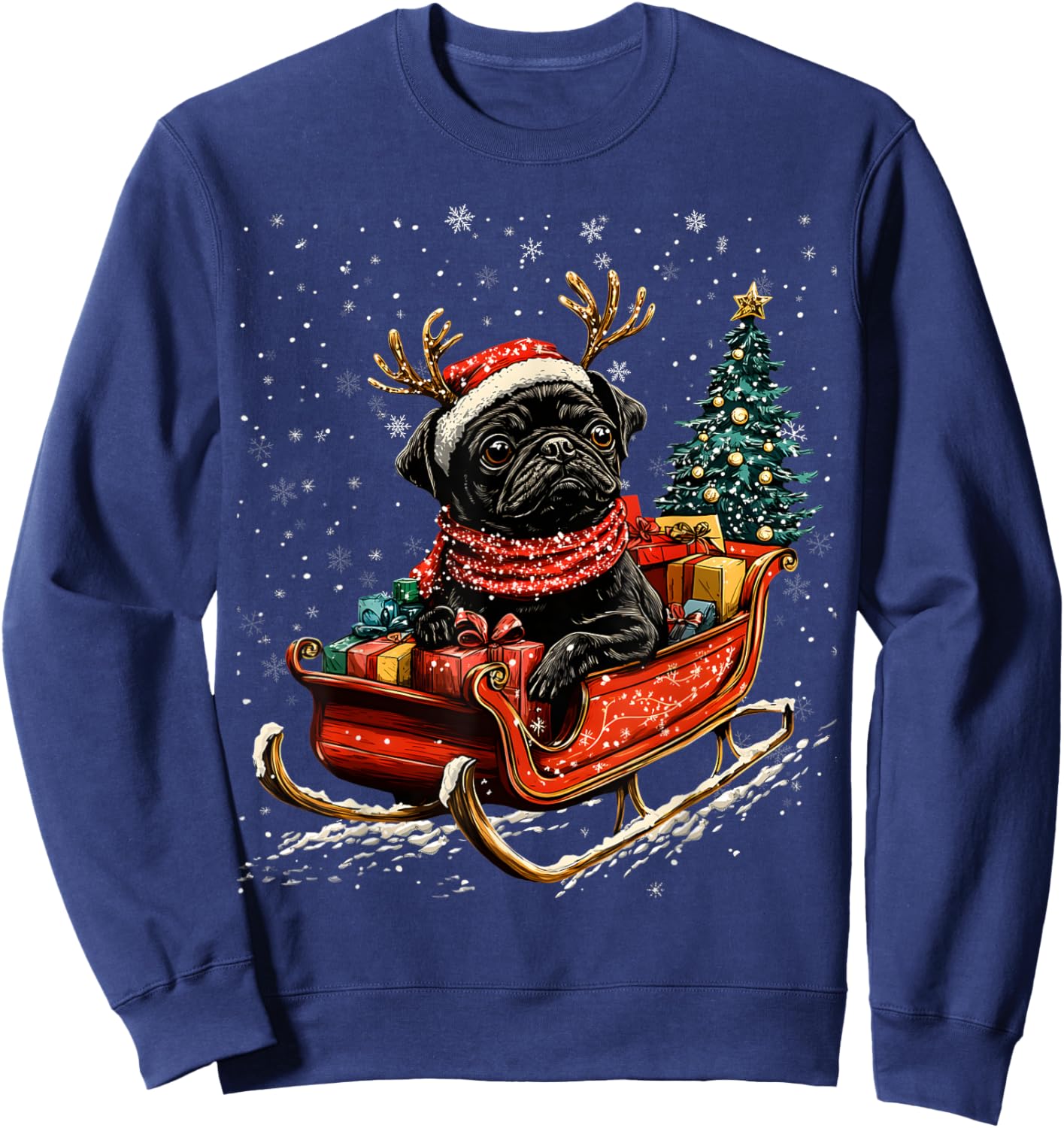 Santa Black Pug reindeer Light Christmas Sweatshirt - Sweatshirt | Navy
