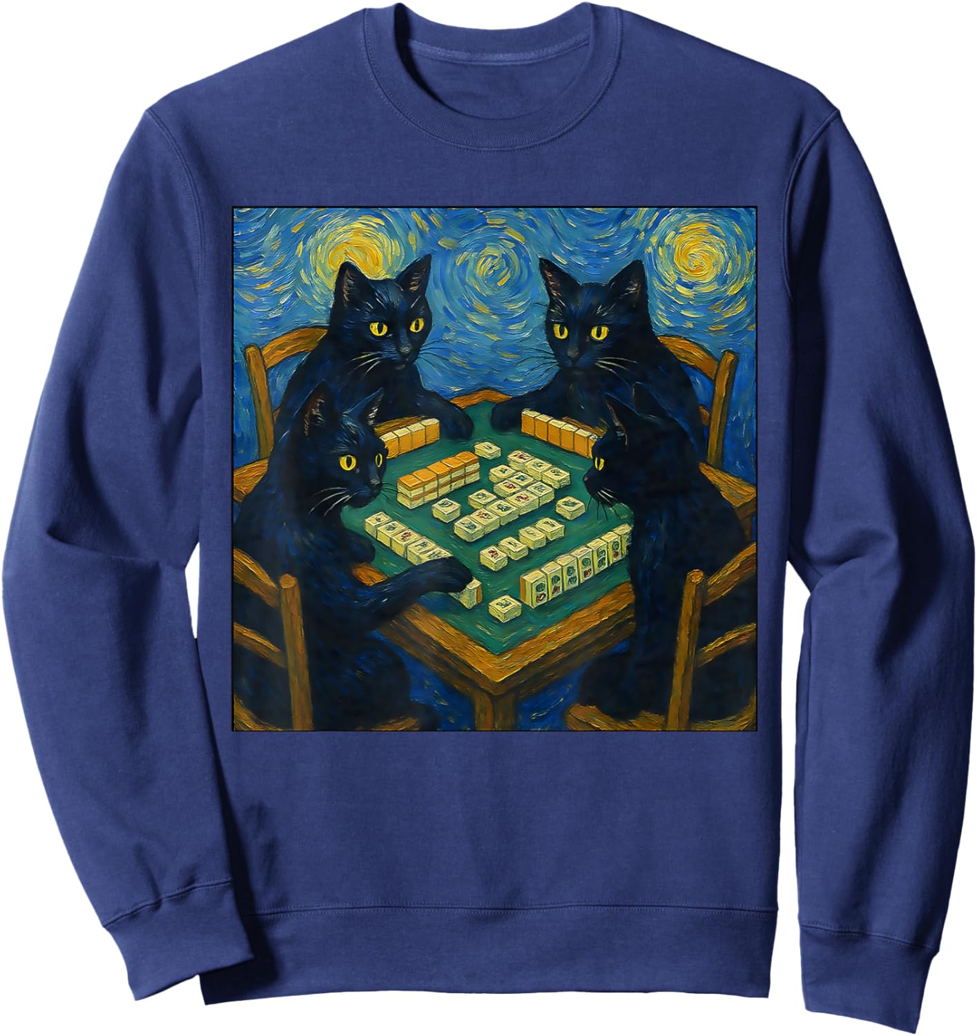 Mahjong cat Lover Van Gogh Starry Night Sweatshirt - Sweatshirt | Navy