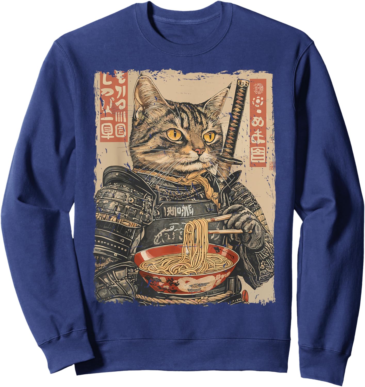 Samurai Cat Loves Ramen Funny Anime Japanese Artwork Samurai Sweatshirt - Sweatshirt | Navy