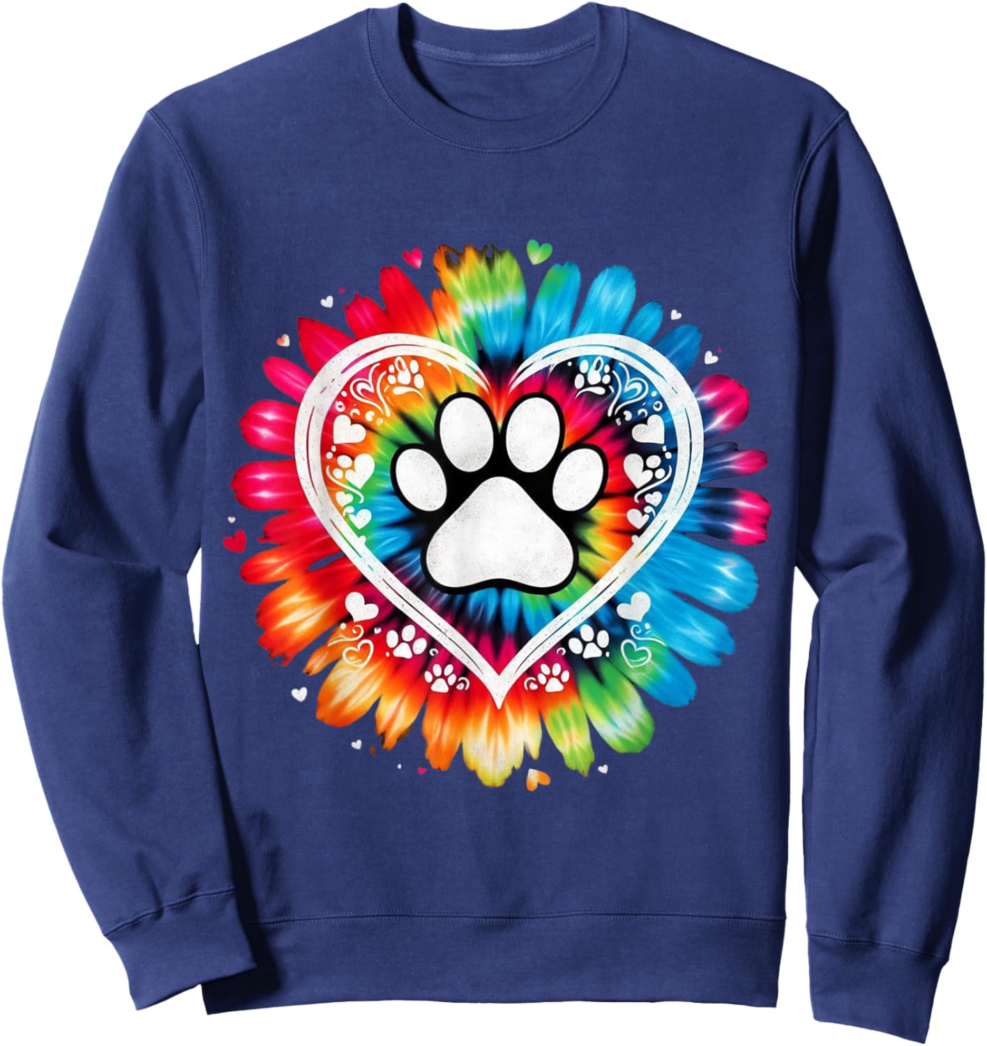 Tie Dye Love Dog Paw Print Heart Animal Lover Sweatshirt - Sweatshirt | Navy