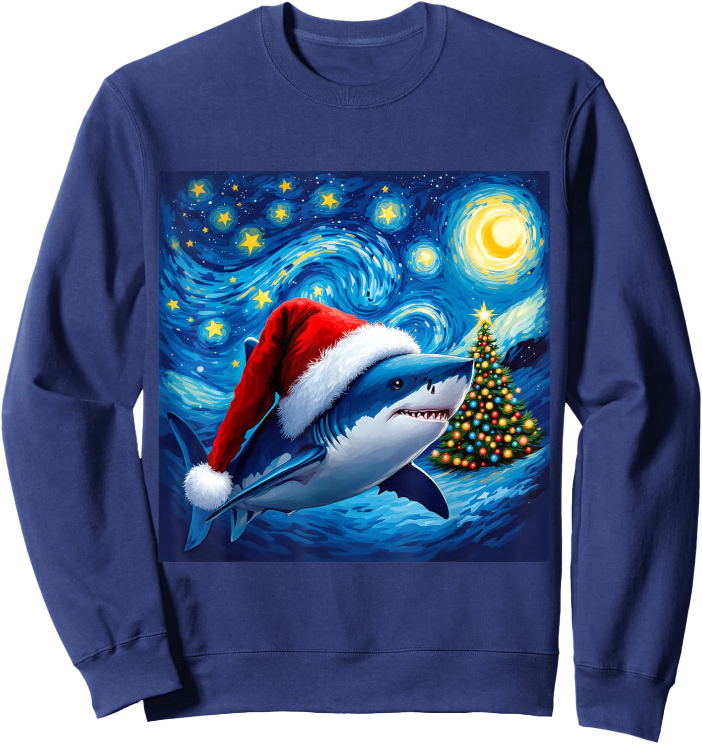 Christmas Shark Santa Hat Van Gogh Starry Night Holiday Sweatshirt - Sweatshirt | Navy