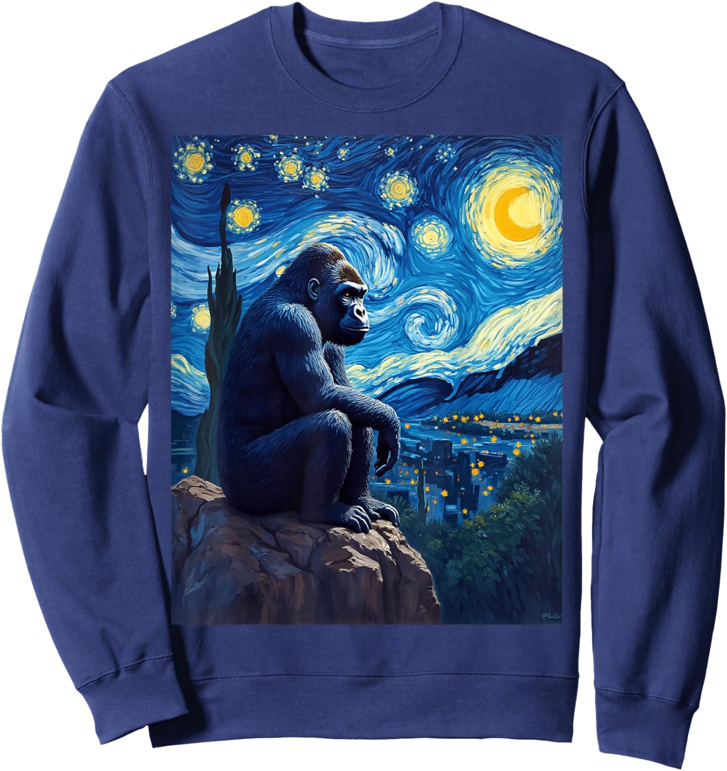 Van Gogh's Starry Night Gorilla Silverback Jungle King Sweatshirt - Sweatshirt | Navy
