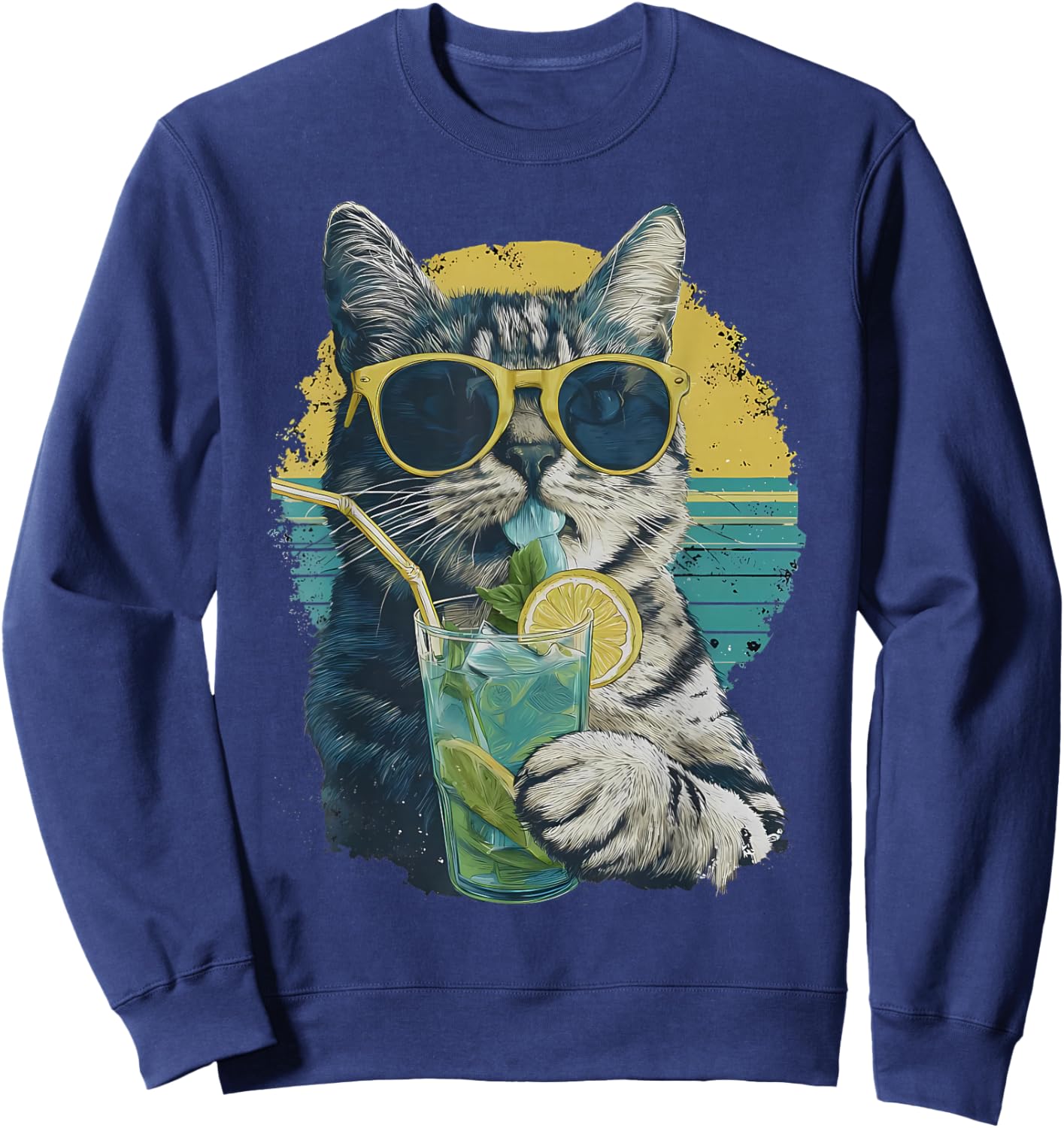 Summer Vibes Cat Drinking Cocktail Lemonade Animal Meme Sweatshirt - Sweatshirt | Navy