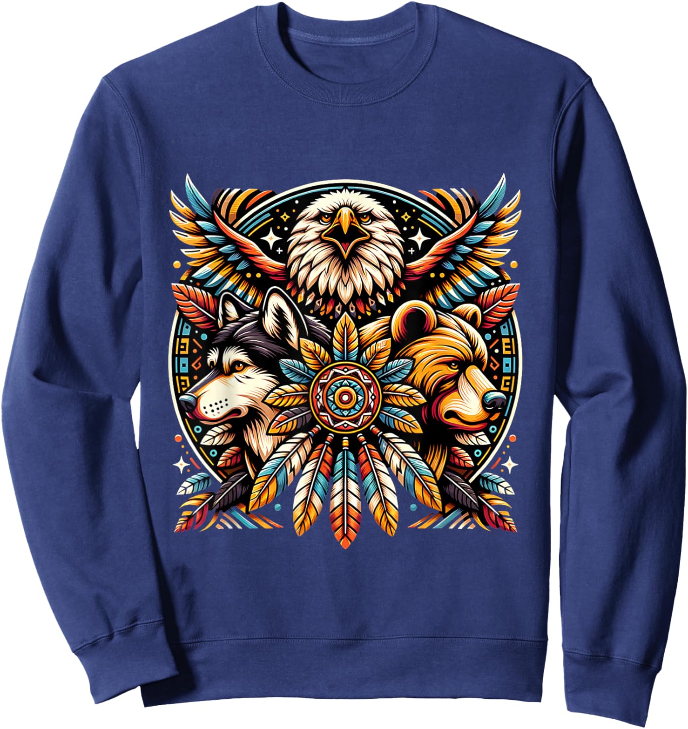 Native American Tribal Animals Bear Wolf Eagle Bohemian Sweatshirt - Sweatshirt | Navy