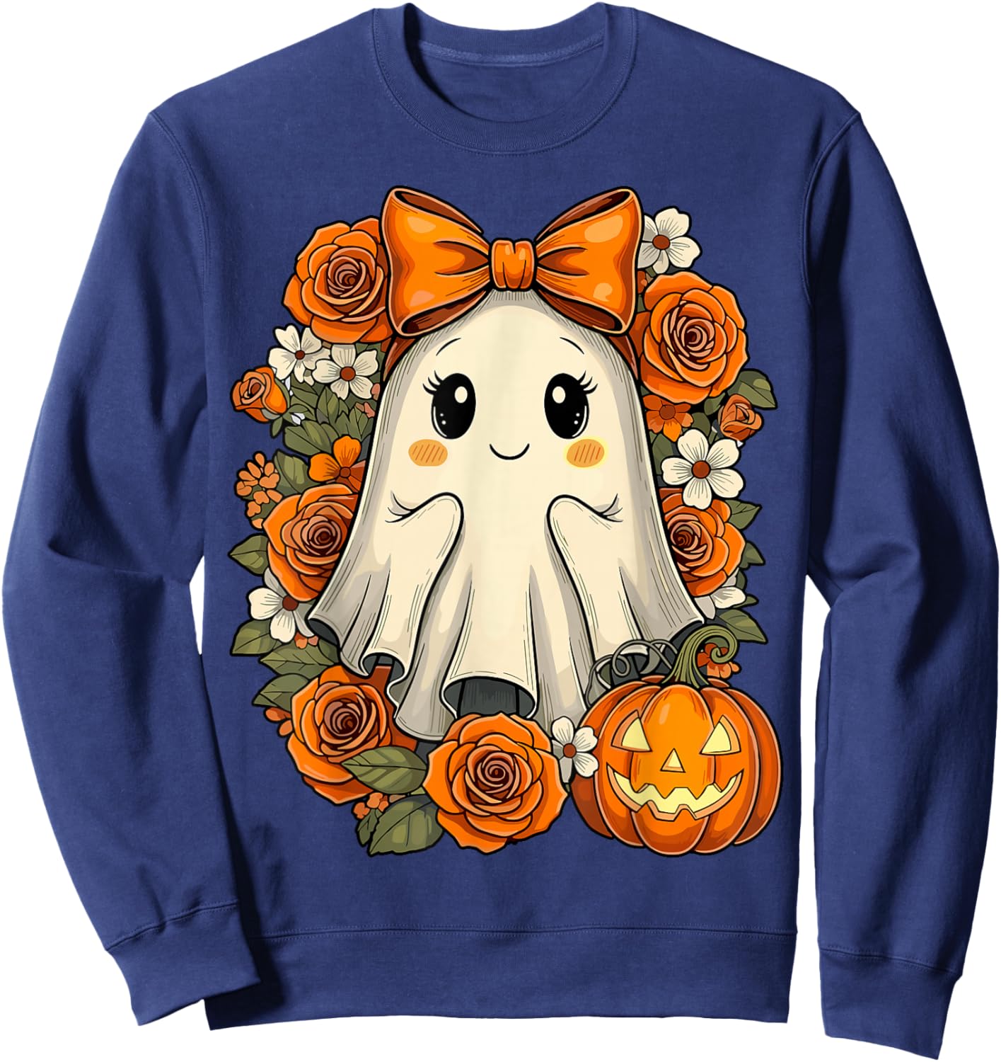 Kawaii Ghost Pumpkin Floral Halloween Sweatshirt - Sweatshirt | Navy