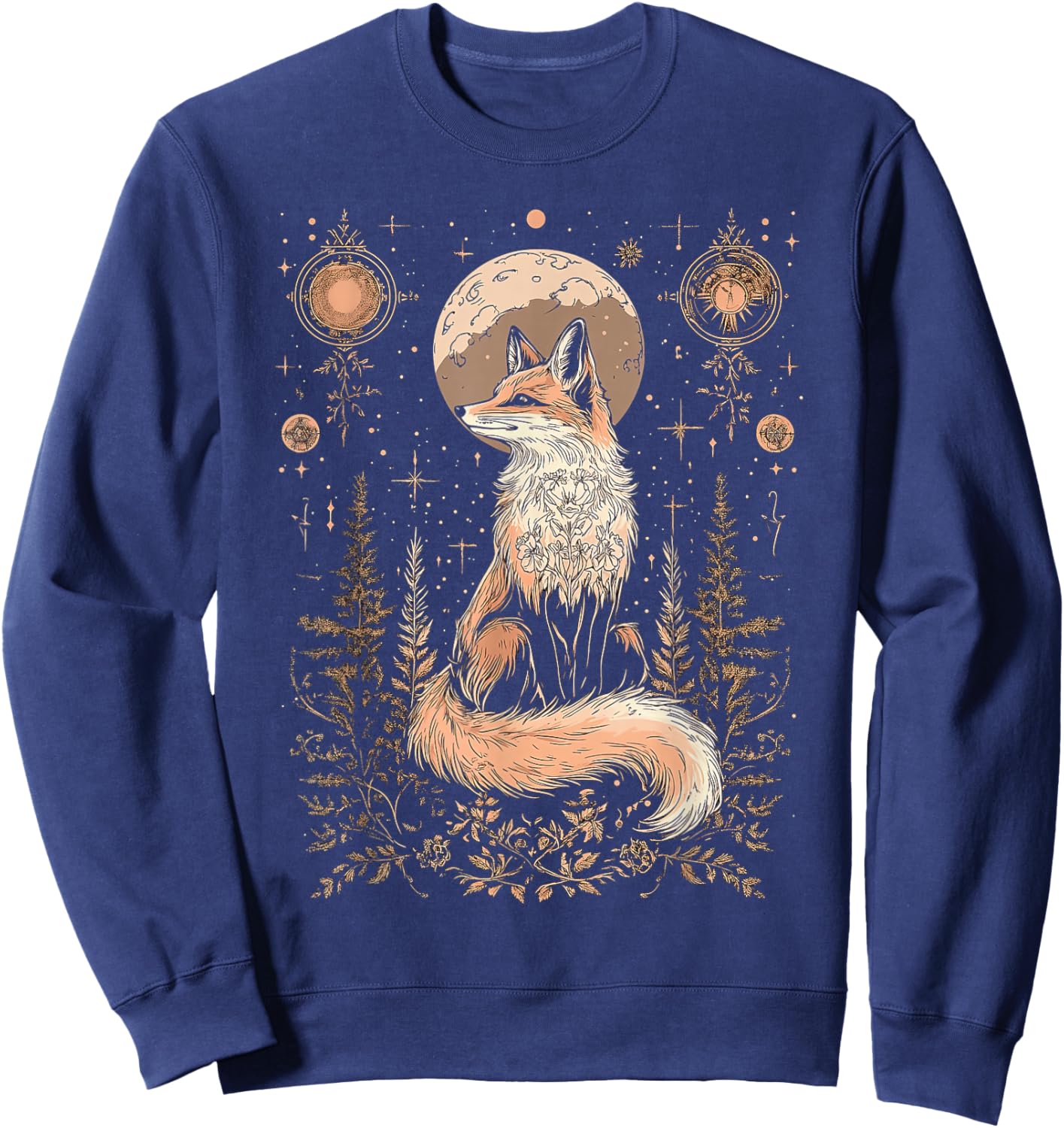 Mystic Moon and Moonphase Fox Mystical Flowers Aesthetic Sweatshirt - Sweatshirt | Navy