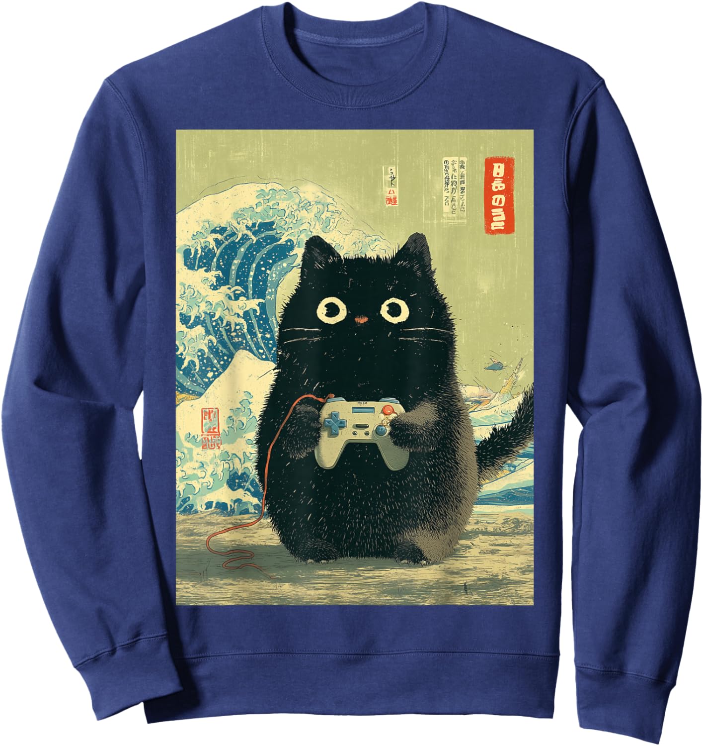 Video Games Japanese Black Gamer Cat Great Wave Cat Dad Sweatshirt - Sweatshirt | Navy