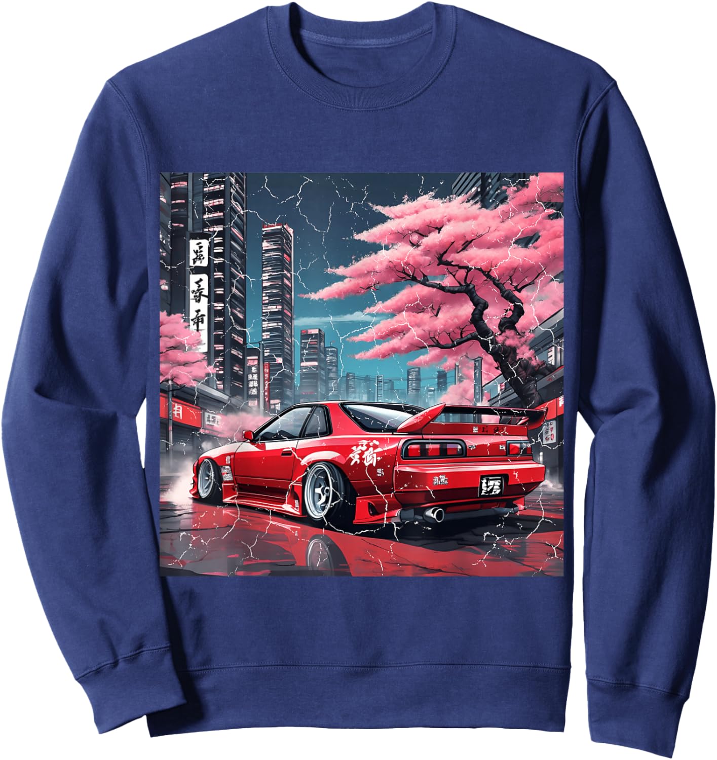 Vintage JDM Race Car Tokyo Street Racing Sakura Blossom Art Sweatshirt - Sweatshirt | Navy