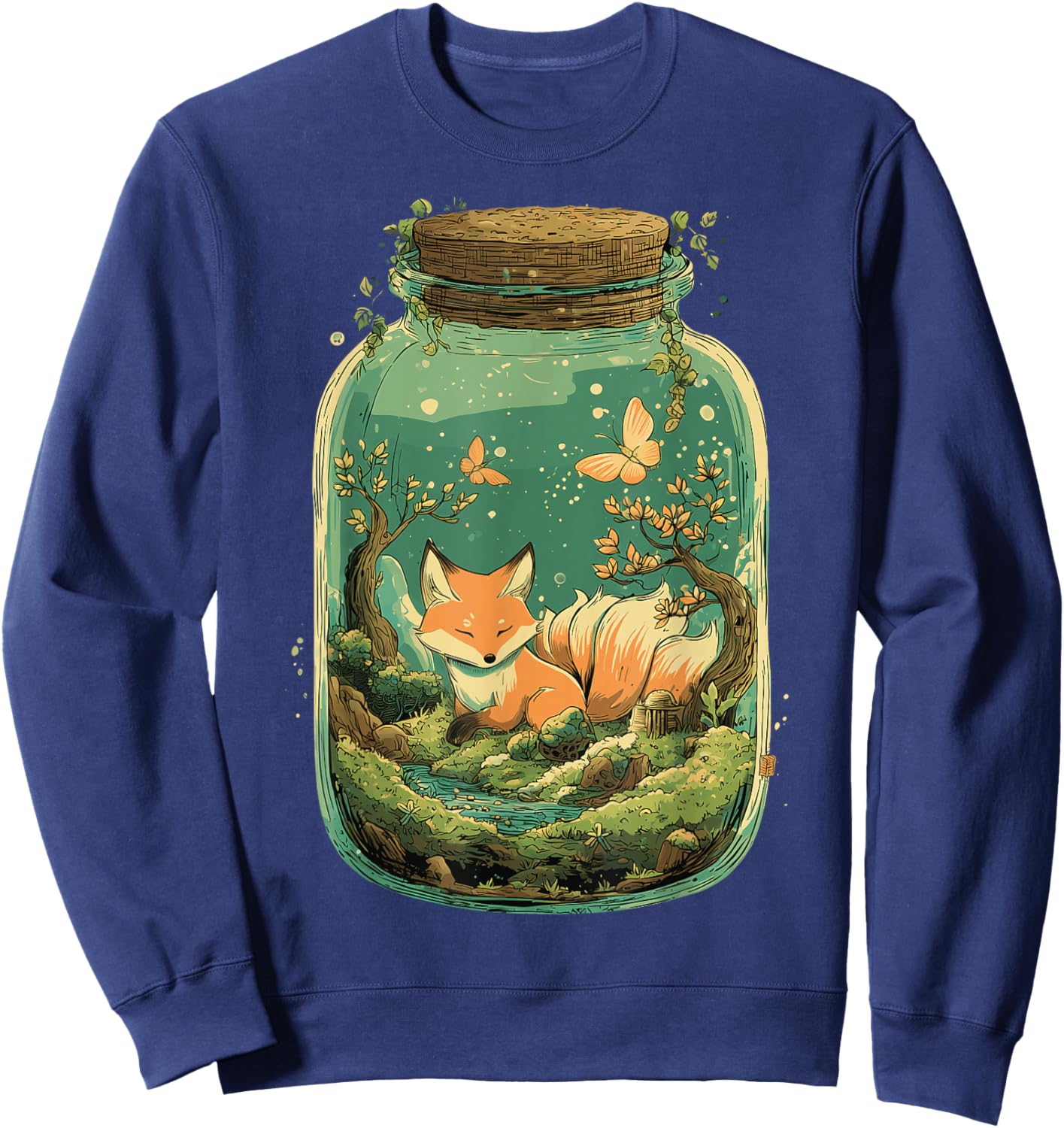 Magical Kitsune Nine-Tailed Fox Kawaii Terrarium Art Sweatshirt - Sweatshirt | Navy