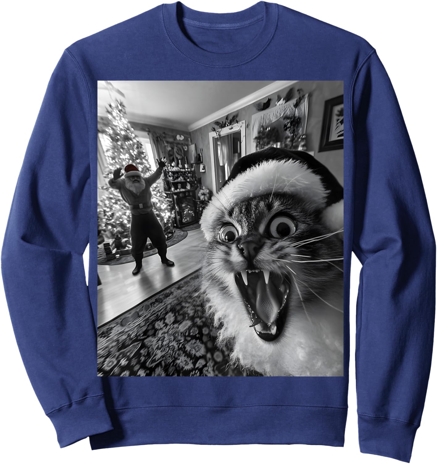 Funny Cat Selfie With Santa Christmas Men Women Sweatshirt - Sweatshirt | Navy