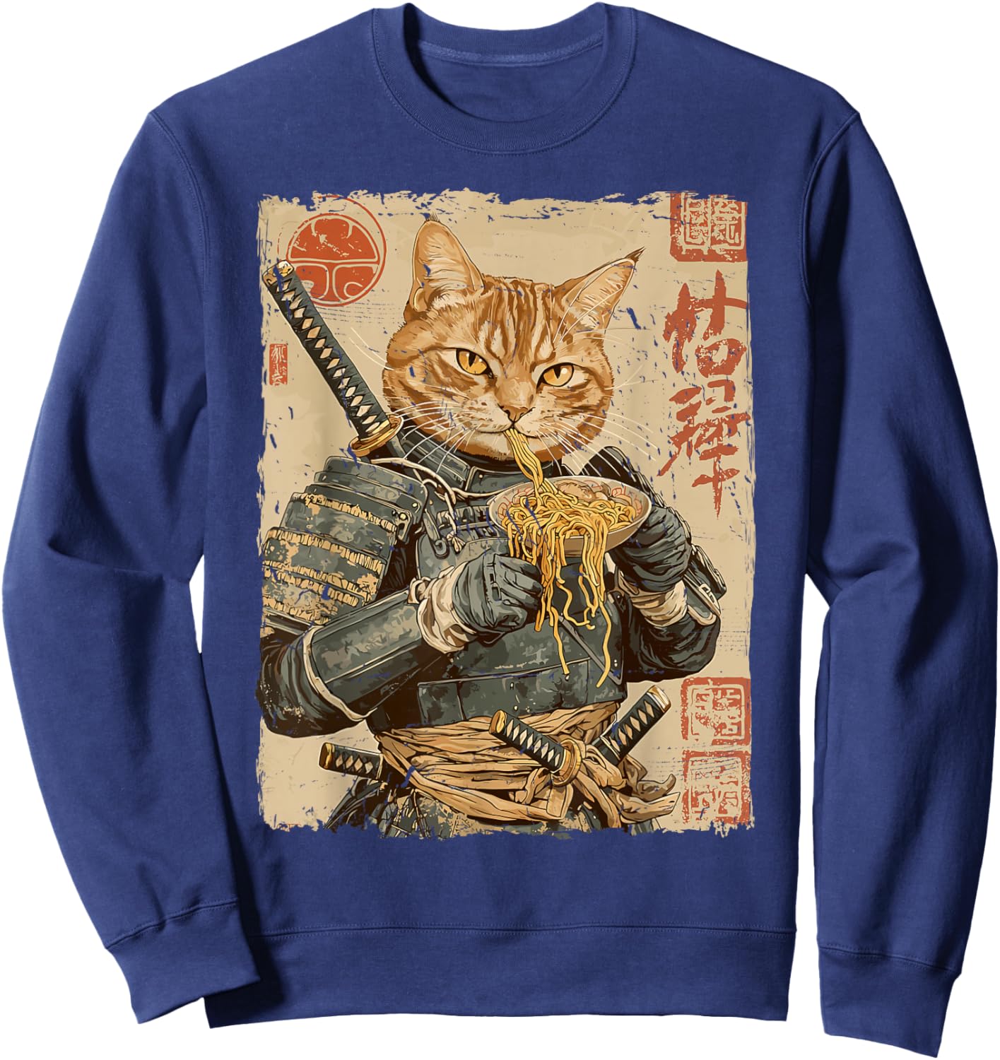 Samurai Cat Loves Ramen Funny Anime Japanese Artwork Samurai Sweatshirt - Sweatshirt | Navy