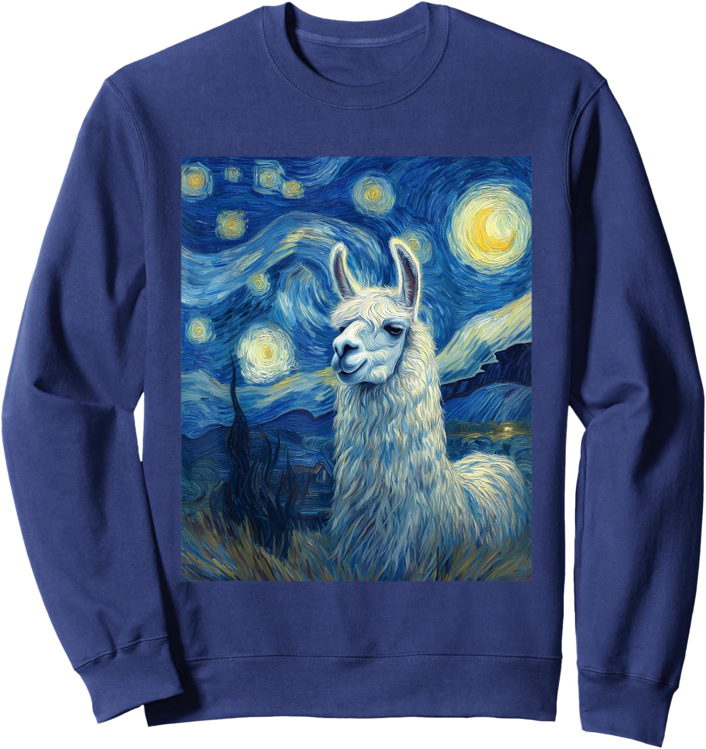 Llama Alpaka Van Gogh Style Starry Night Funny Graphic Sweatshirt - Sweatshirt | Navy