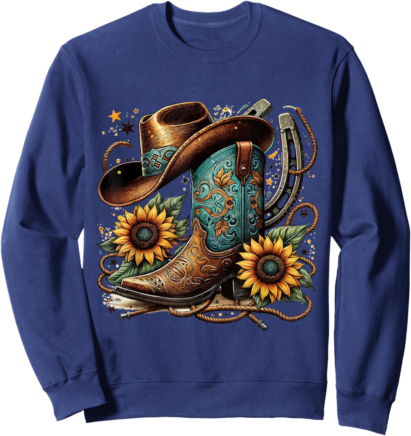Western Cowboy Boot Horseshoe Sunflower Rope Cowgirl Boot , Small, Black Sweatshirt - Sweatshirt | Navy