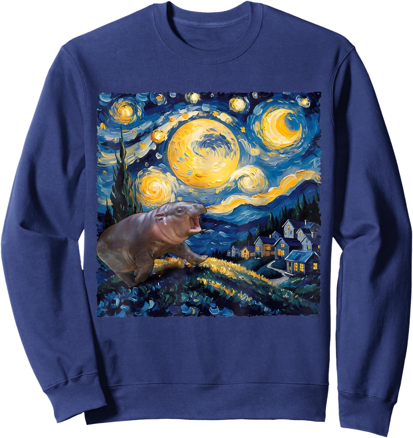 Moo-Deng Starry Night Van Gogh Funny Moo-Deng Meme Sweatshirt - Sweatshirt | Navy