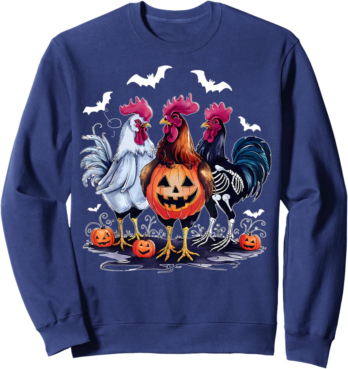 Retro Pumpkin Rooster Bat Chicken Farm Animal Spooky Party Sweatshirt - Sweatshirt | Navy