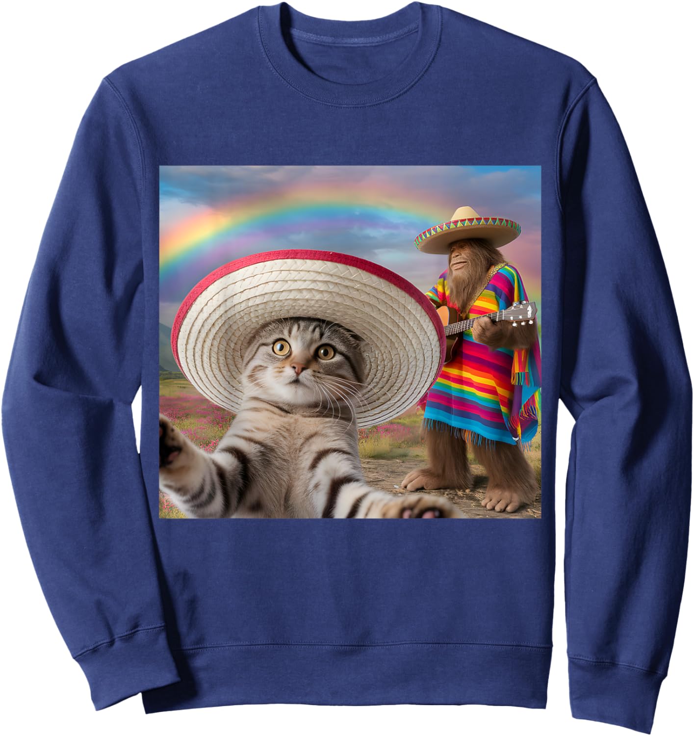 Funny Cat Selfie With Bigfoot Cinco de Mayo Men Women Kids Sweatshirt - Sweatshirt | Navy