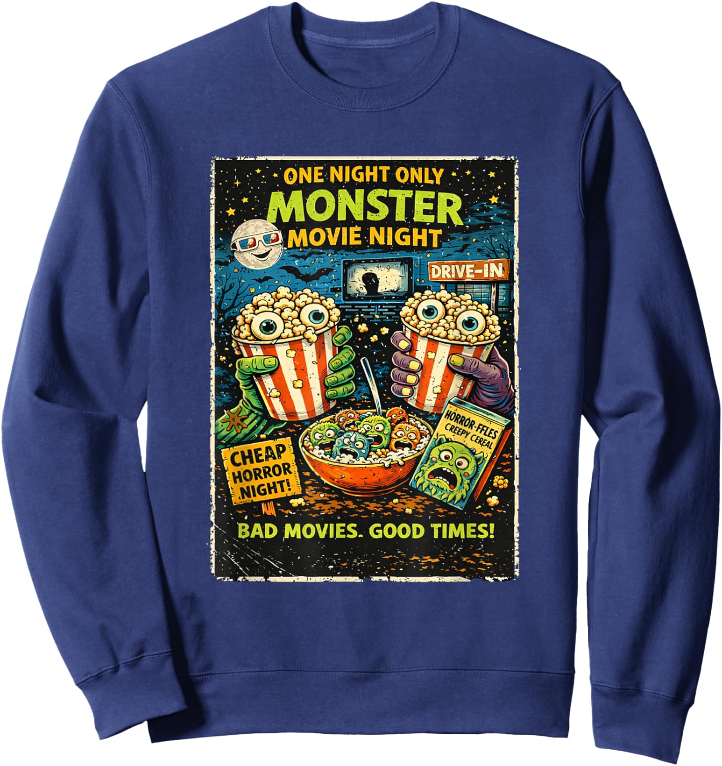 Retro Horror Monster Popcorn Drive-in Design Sweatshirt - Sweatshirt | Navy